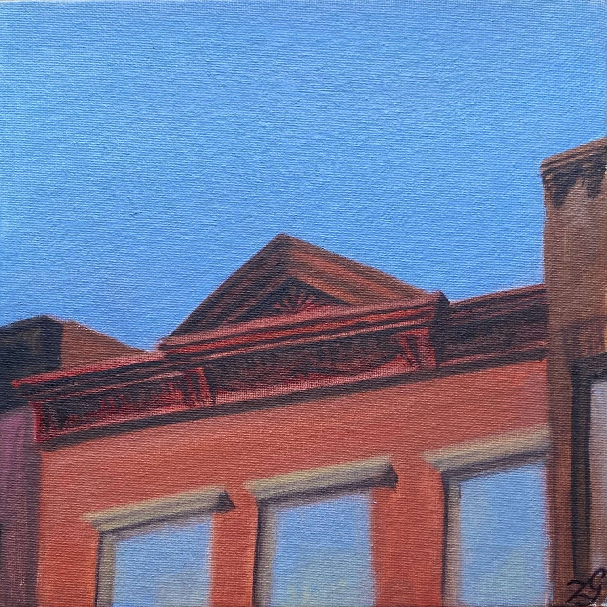 Painting of the upper part of a red brick building with a triangular roof and a clear blue sky in the background.
