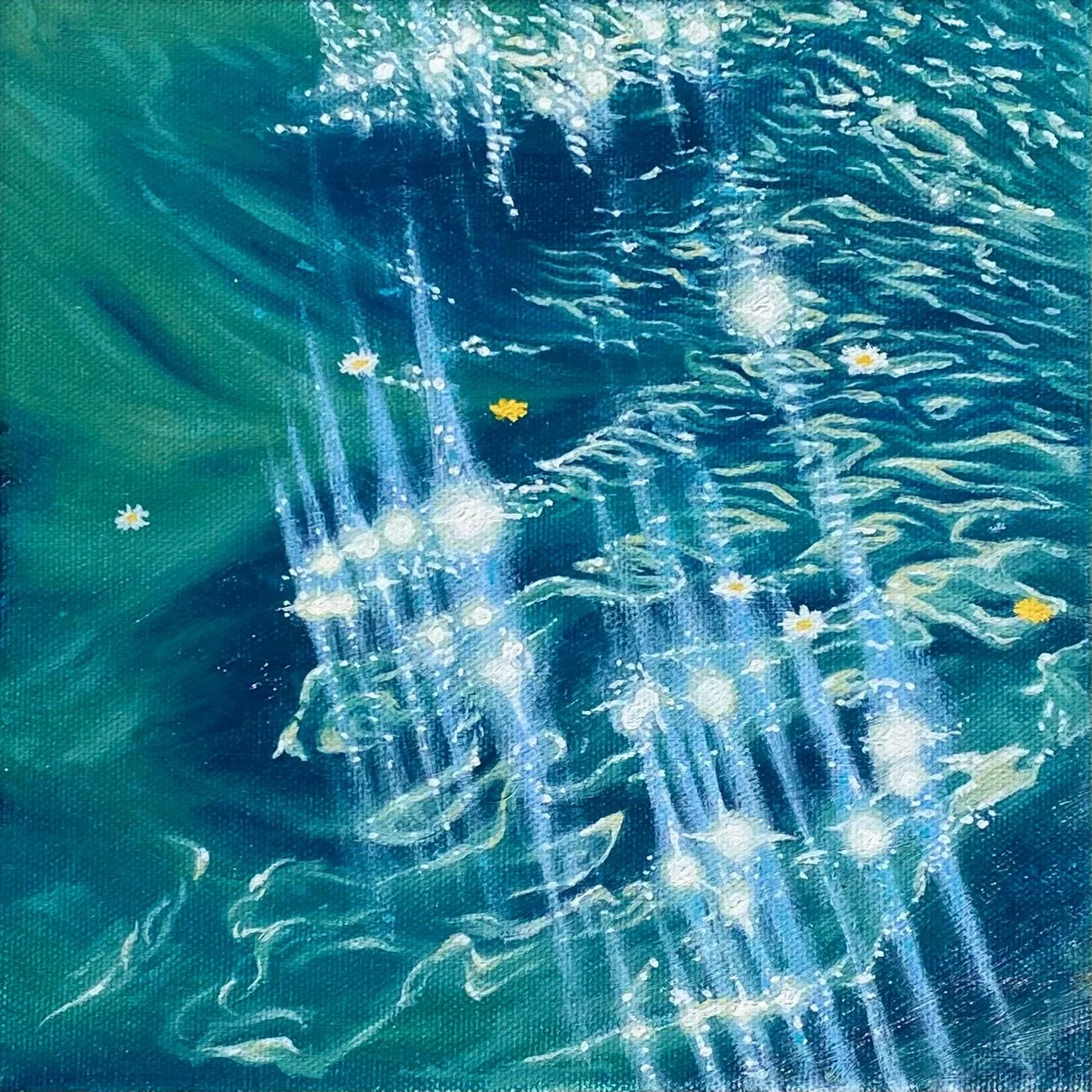 An abstract painting of a lake with blue water, white reflections, yellow and white flowers floating on the surface, and ripples in the water.
