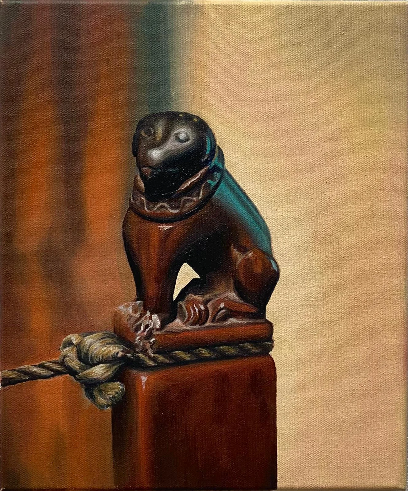 Painting of a carved black dog with a frowning expression, sitting on a wooden pedestal, with a thick rope tied to its front paw.