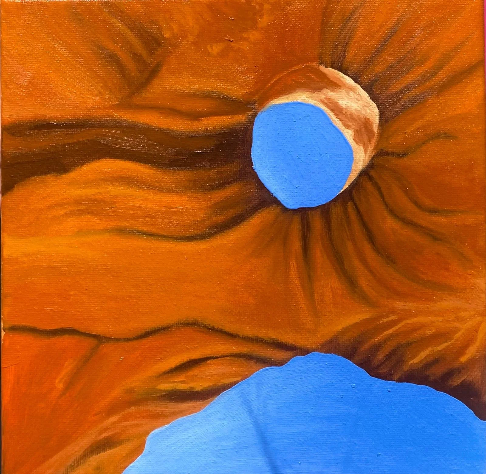 Abstract painting of a dog's nose with a brown and black snout, a large blue tongue, and a blue nose against an orange background.