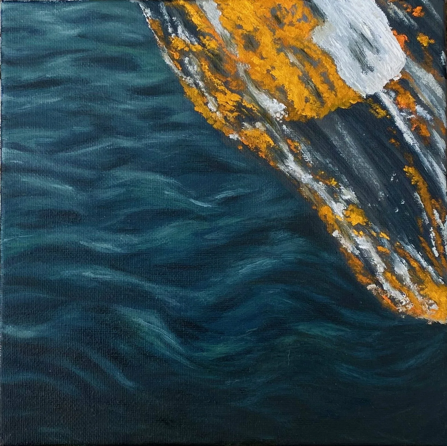 Close-up of a painting showing dark, rolling water with a large, slanted rock at the top right corner, covered in orange, white, and gray lichen.
