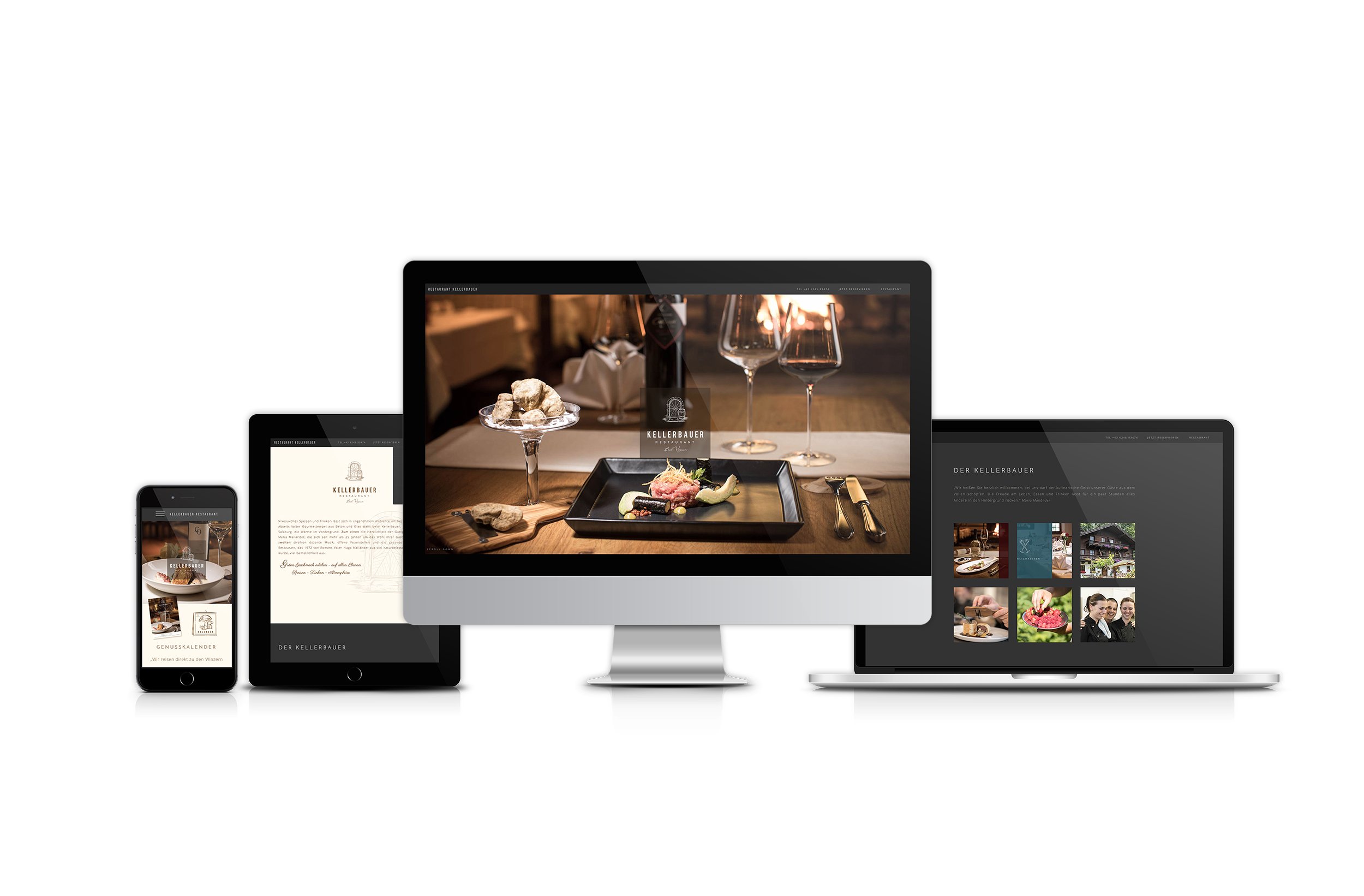 Responsive Website-Design für ein Restaurant auf verschiedenen digitalen Geräten, inklusive Smartphone, Tablet, Desktop-Monitor und Laptop, mit Bildern von Speisen, Getränken und Restaurant-Interieur.