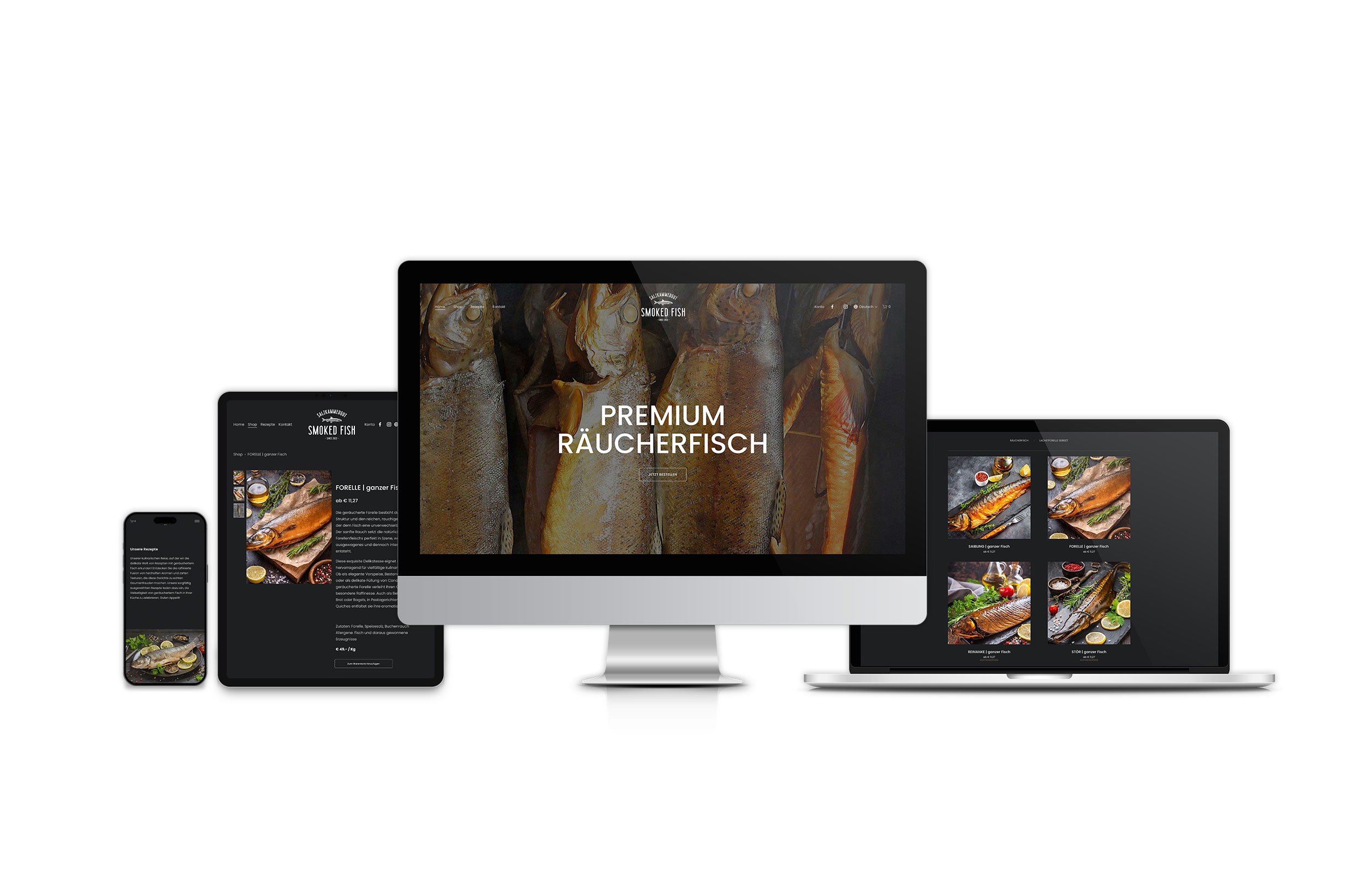 Mehrere elektronische Geräte, darunter ein iMac, ein MacBook, ein iPad und ein iPhone, die alle eine Website mit geräuchertem Fisch zeigen.