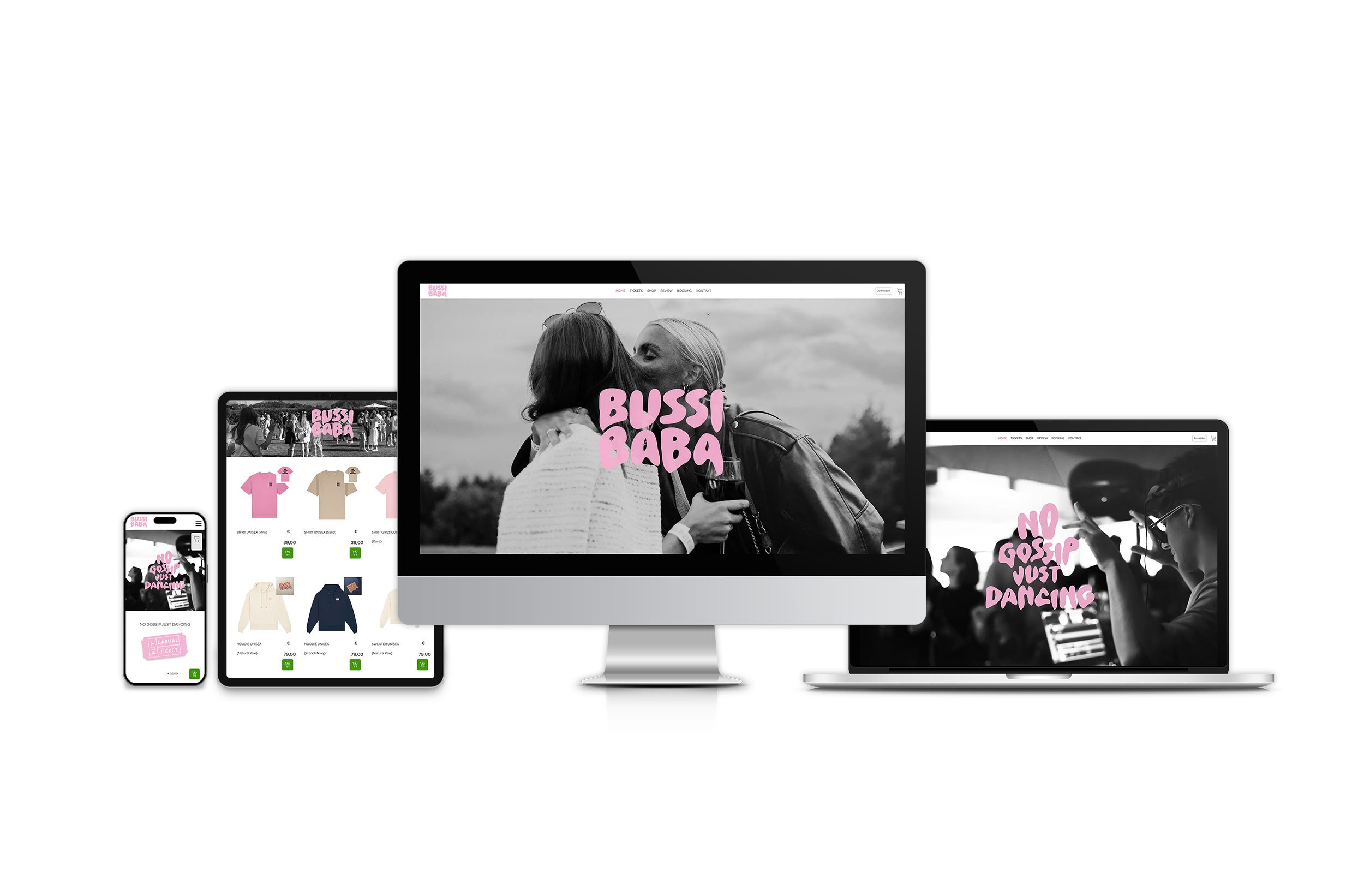 Mehrere elektronische Geräte zeigen eine Website mit Modeartikeln und Texten wie "BUSSI BABA" und "NO GOSIP JUST DANCING" in Schwarz-Weiß-Design.