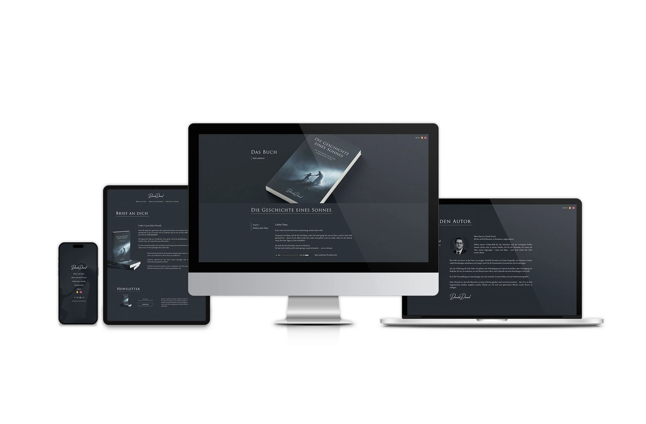 Mehrere elektronische Geräte, darunter Monitore, Tablets und Smartphones, die eine Webseite von Autor Daniel Drozd anzeigen.