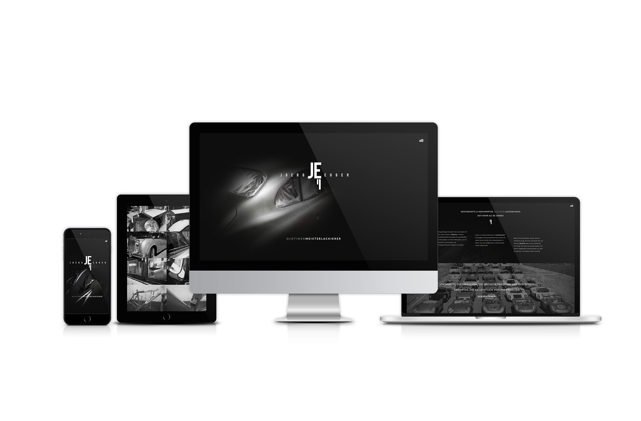 Responsive Website-Design für einen Autolackierer, zeigt verschiedene Geräte mit gleichartigem schwarzen Webdesign, inklusive Automotiv-Bilder und Text über Oldtimerspezialisierung.