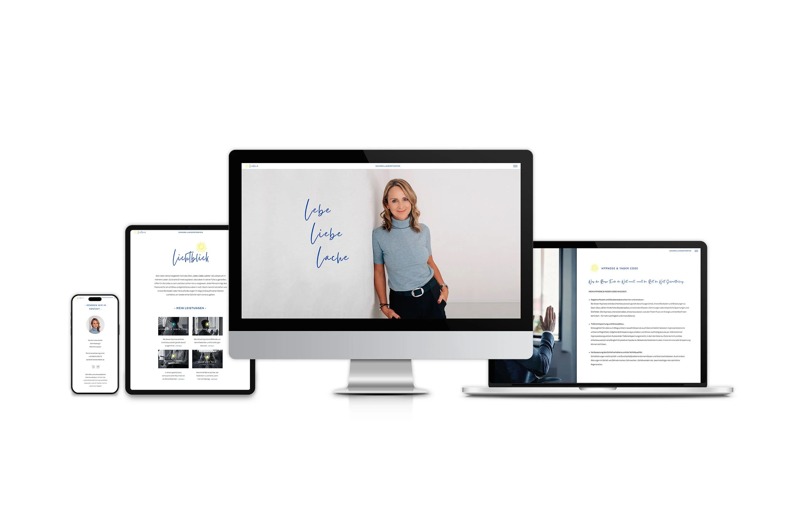 Mehrere elektronische Geräte, darunter ein Desktop-Computer, ein iPad, ein iPhone und ein Laptop, die verschiedene Webseiten anzeigen, mit einer Frau im Mittelpunkt auf dem Desktop-Bildschirm.