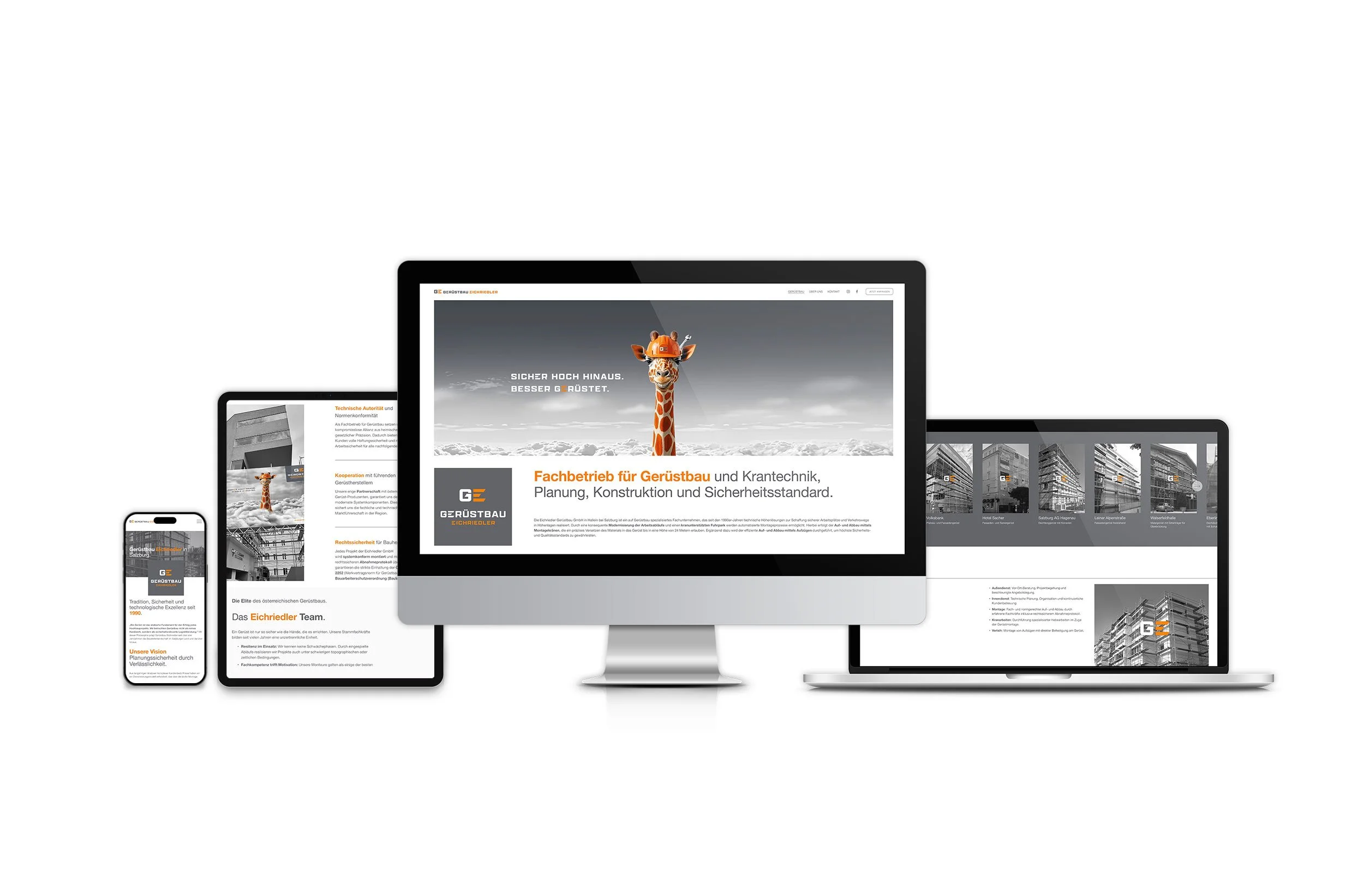 Verschiedene elektronische Geräte zeigen eine Website von Gerüstbau Eichriedler, mit Fokus auf das Giraffe-Maskottchen auf dem Bildschirm in der Mitte.