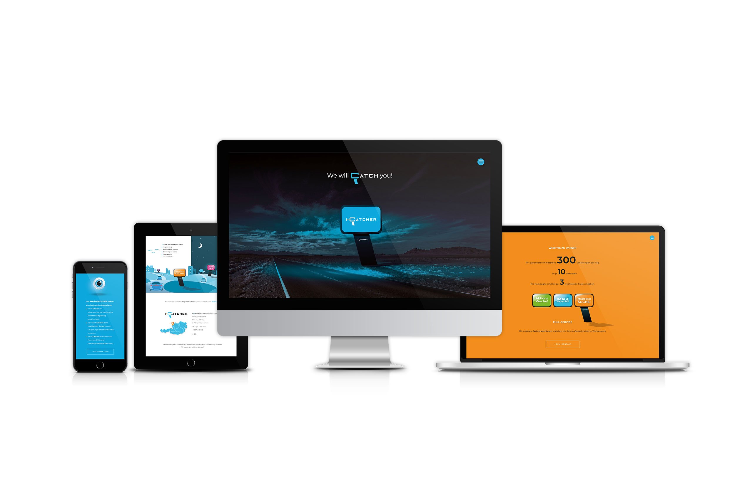 Verschiedene elektronische Geräte mit einer Webseite auf dem Bildschirm, darunter ein Smartphone, Tablets und Computermonitore, die verschiedene Designs einer digitalen Plattform anzeigen.