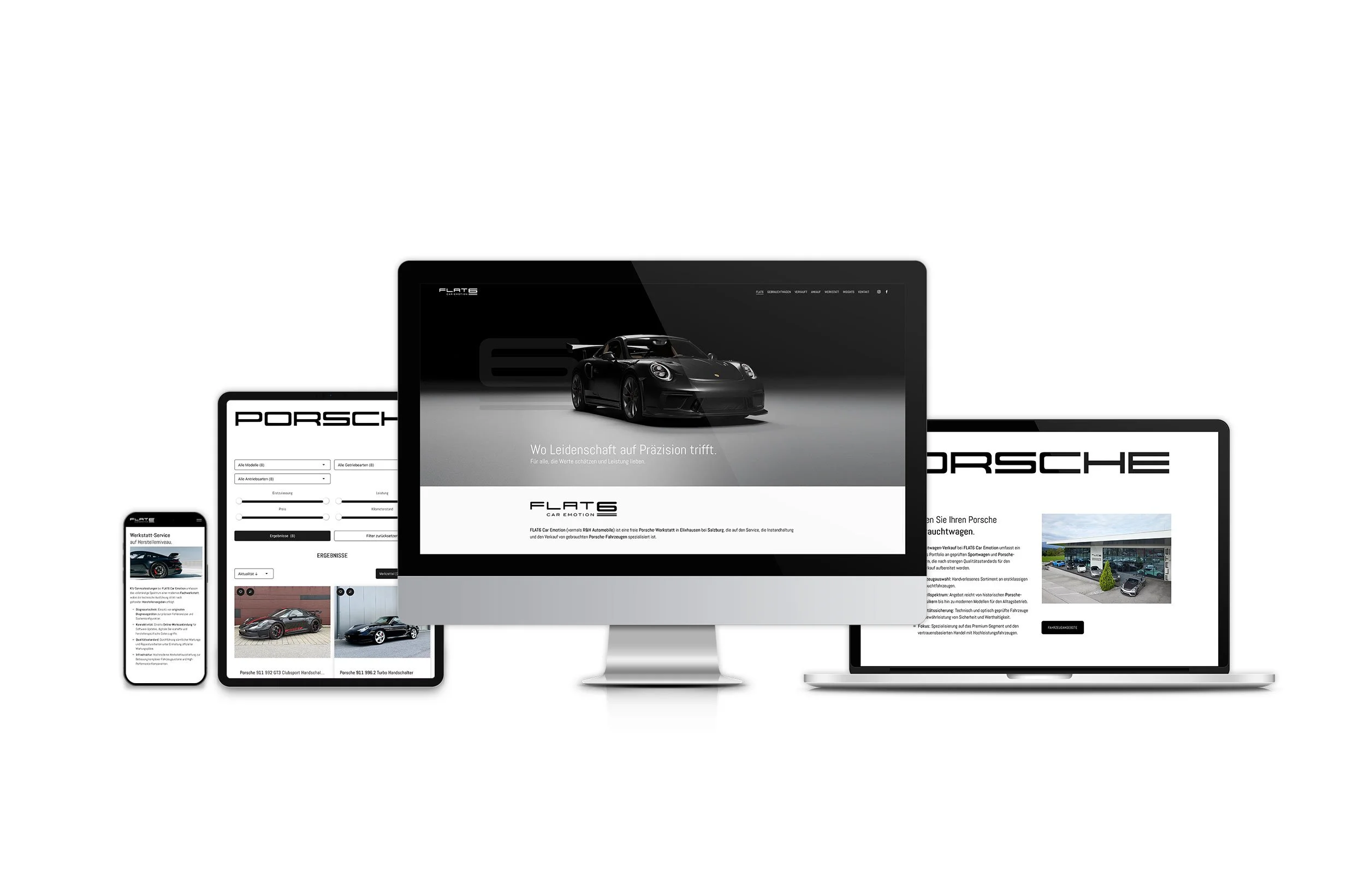 Mehrere Geräte zeigen die Webseite FLAT6 eines Porsche-Autohauses, inklusive einem Porsche 911 GT3, einem Smartphone, einem Tablet und einem Desktop-Computer.