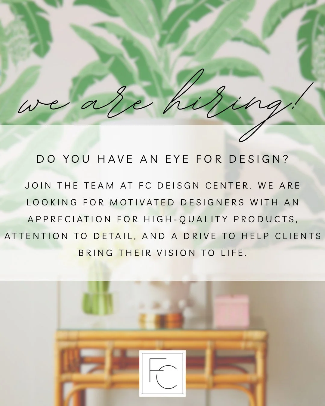 We are looking for experienced Designers with a passion for interiors and an eye for detail. ✨

Our showroom features lighting, wallpaper, fabric, flooring, tile, furniture, cabinets, countertops, and window treatments -- everything to bring a space 