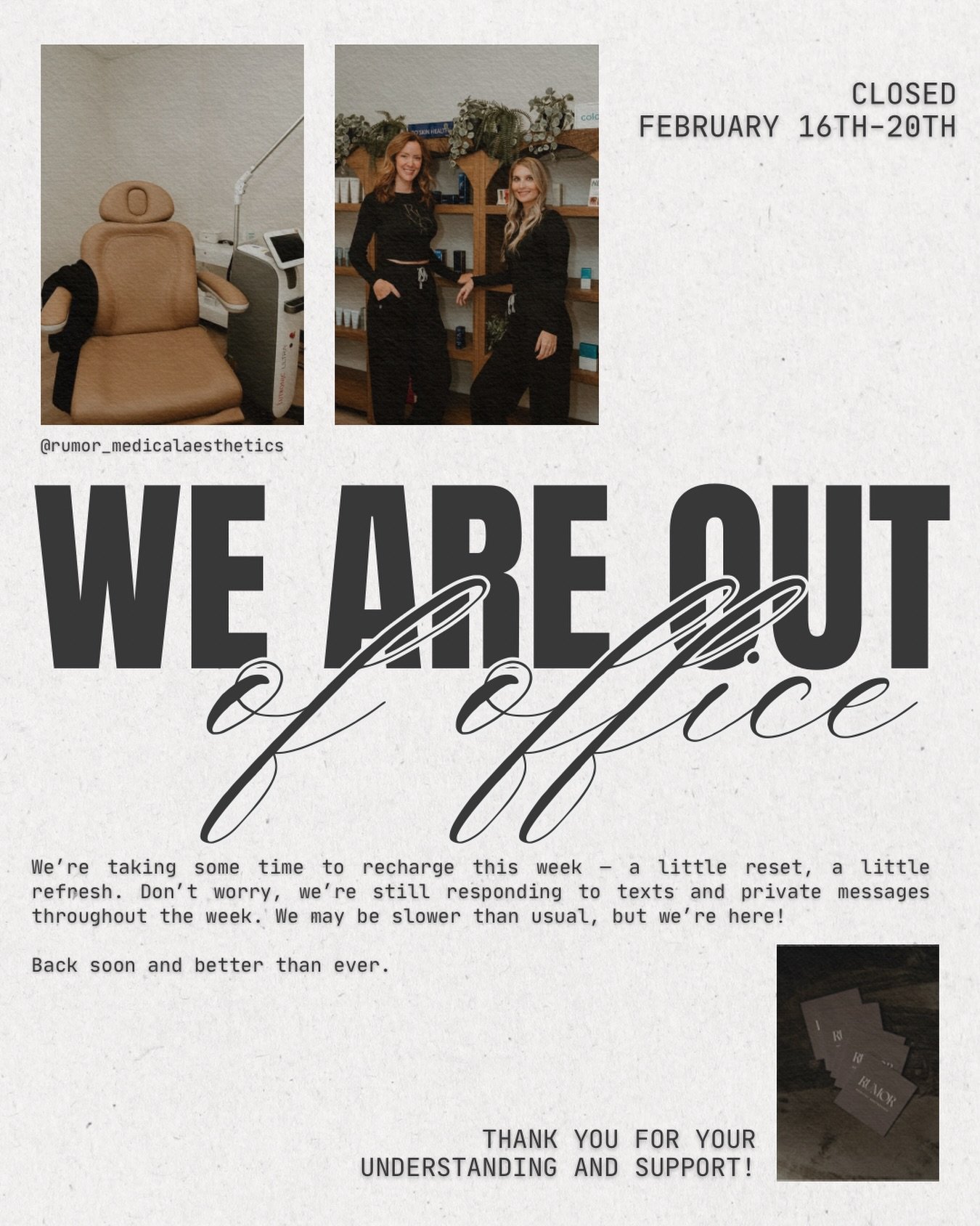 We will be out of the office this week to spend some time with family and back next Monday the 23rd! ✌️

✨ Rumor Medical Aesthetics 
📍Rock Hill, SC
📲 803-919-1958
🕸️ www.rumoraesthetics.com

💉Lynda Marovich, MSN, FNP-BC
@lynda.therumornp 
⚡️Dana 