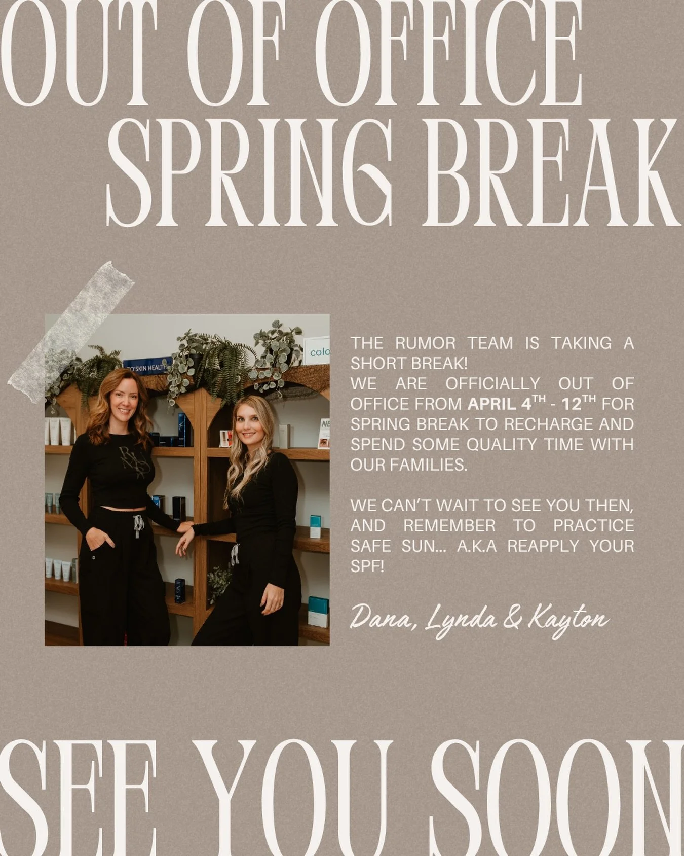 Spring Break☀️

We will be closed all next week to enjoy some fun in the sun, while reapplying our SPF obviously and you should do the same 😜

✨ Rumor Medical Aesthetics 
📍Rock Hill, SC
📲 803-919-1958
🕸️ www.rumoraesthetics.com

💉Lynda Marovich,