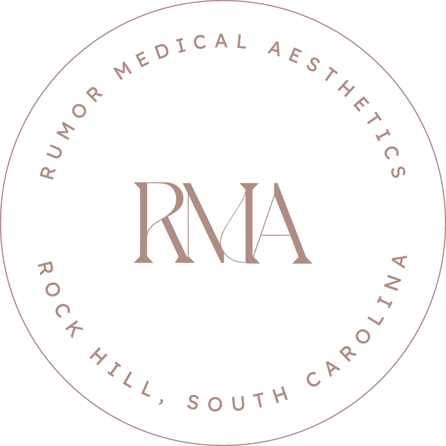A circular logo with the text "RUMOR MEDICAL AESTHETICS" and "ROCK HILL, SOUTH CAROLINA" around the border, and the initials "RMA" in the center, all in a pinkish-brown color on a black background.