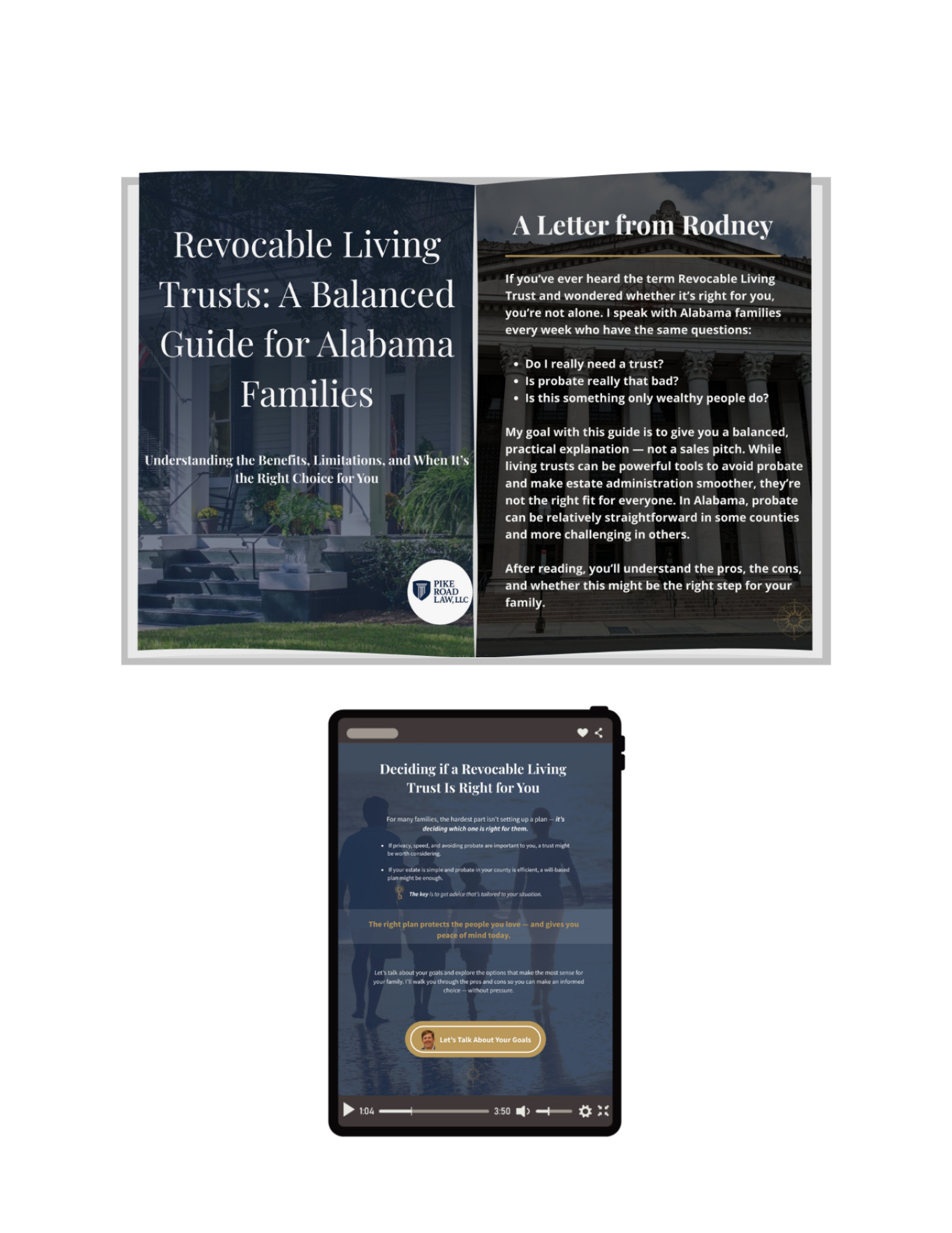 Open brochure and mobile screen displaying information about revocable living trusts for Alabama families, including benefits, limitations, and guidance for estate planning.