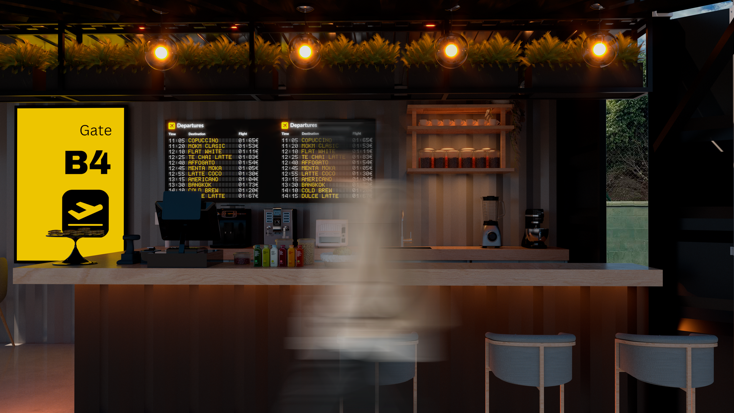 Mostrador de cafetería con menú de salidas y asientos en primer plano.