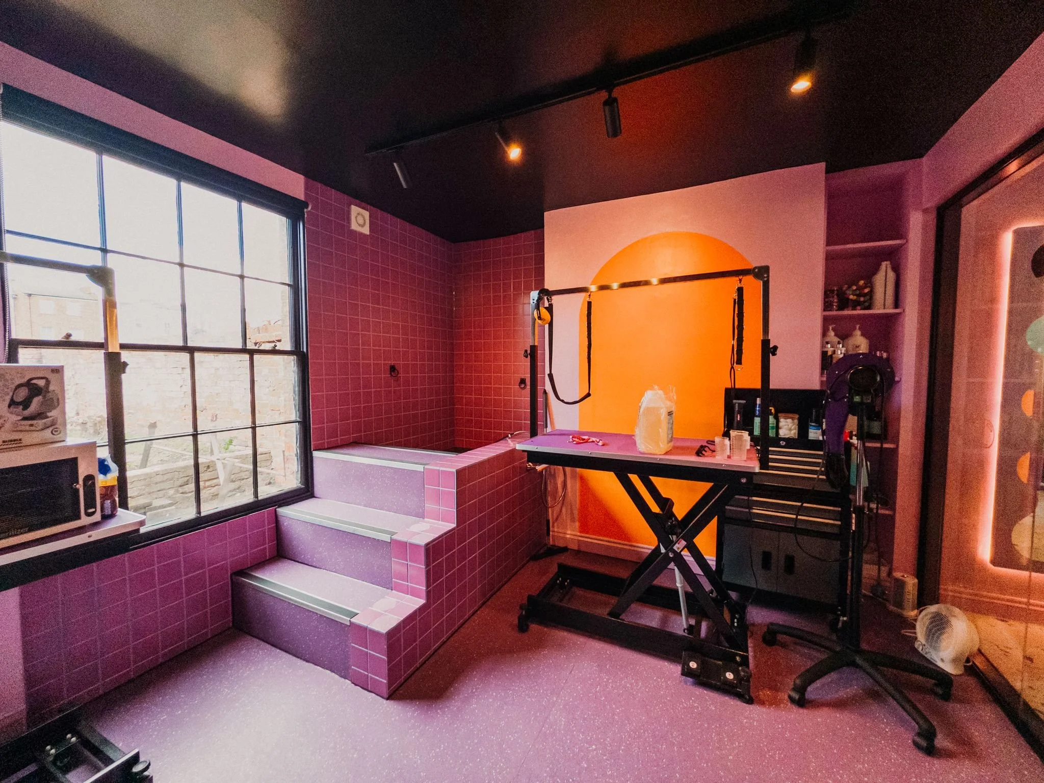 A room with pink tiled steps, large windows, pink and orange wall decor, workout equipment, and various household items.
