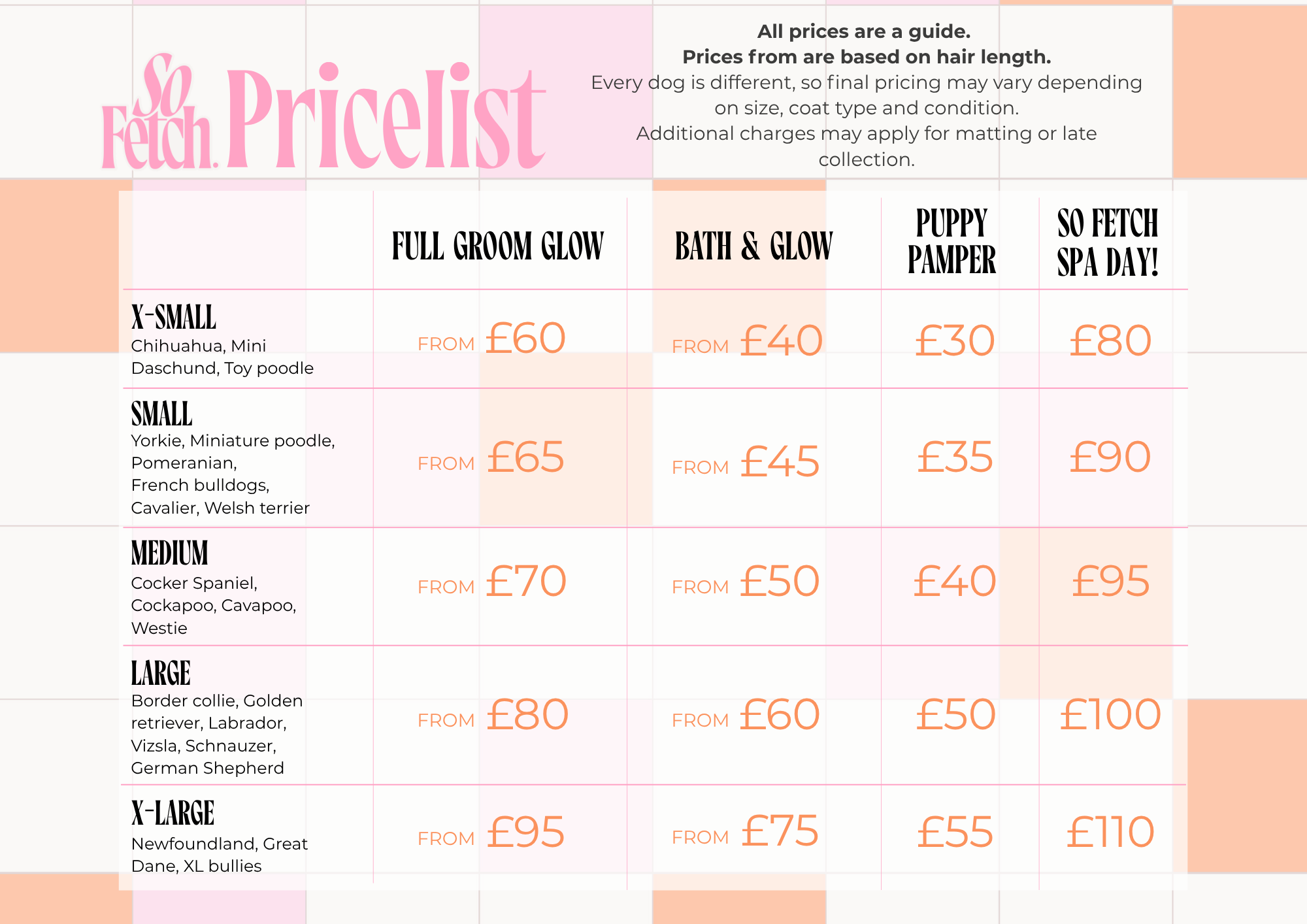 Price list for dog grooming services with different prices based on dog size and coat type, including options like full groom glow, bath & glow, puppy pamper, and so fetch spa day; prices are shown in pounds.