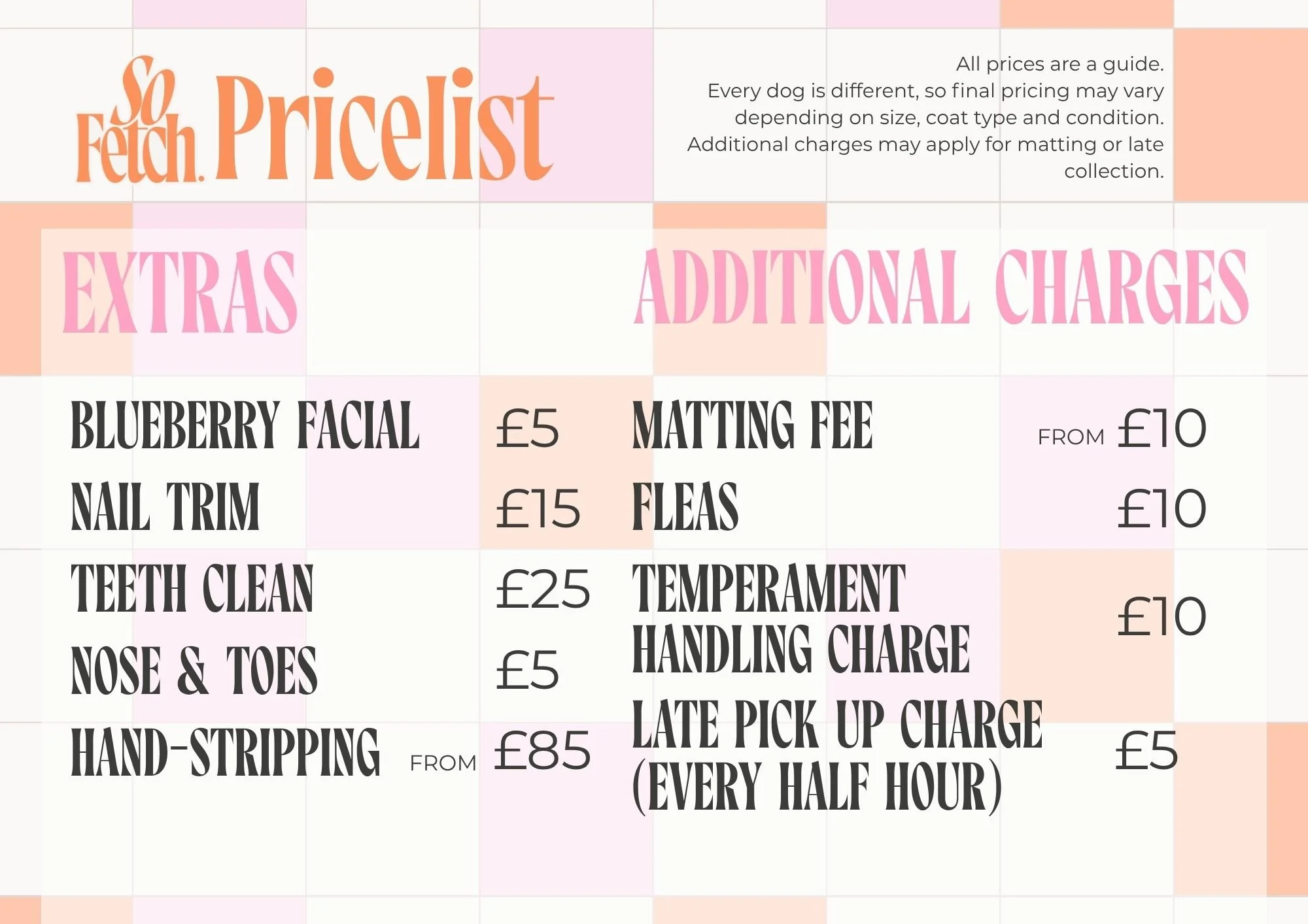 A price list for dog grooming services including options like Blueberry Facial, Nail Trim, Nail Filing, Teeth Cleaning, Nose & Toes, Hand-Stripping, with prices ranging from £5 to £85. Additional charges for extras and late pick-up are also listed.