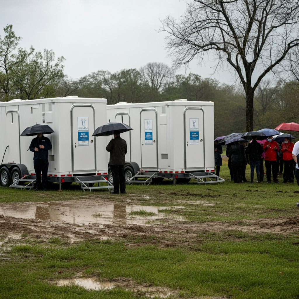 Portable restroom trailer in a muddy area with traffic cones, houses in background, overcast sky.