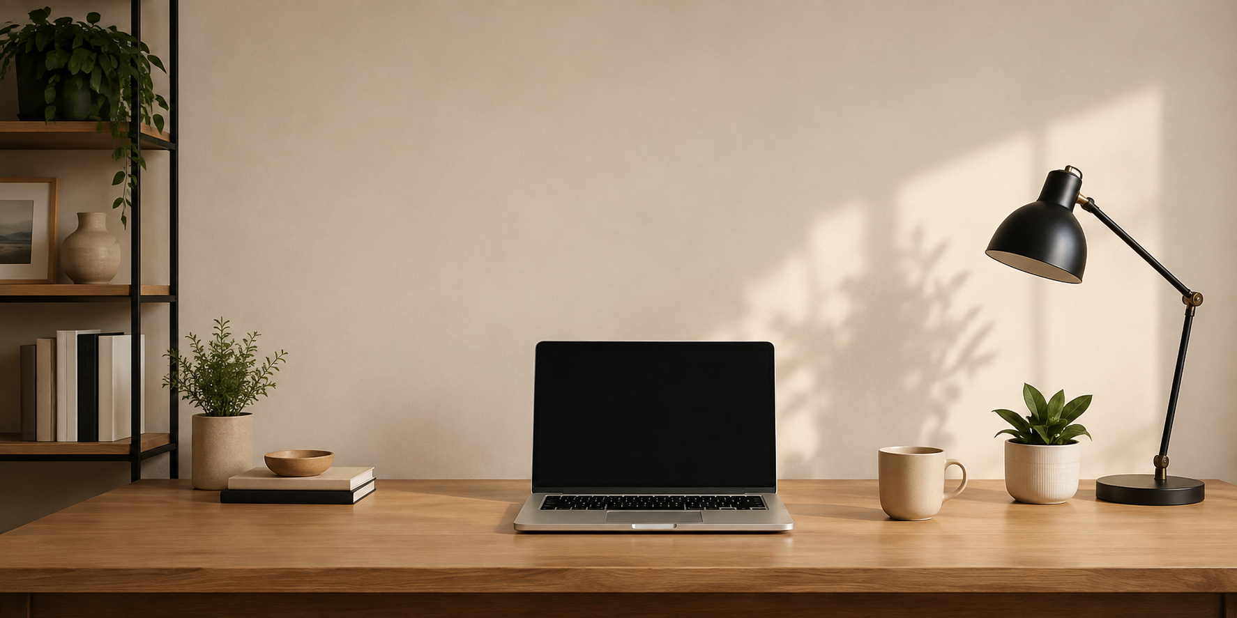 Modern home office workspace with laptop, desk, plants, and lamp for virtual bookkeeping and tax services