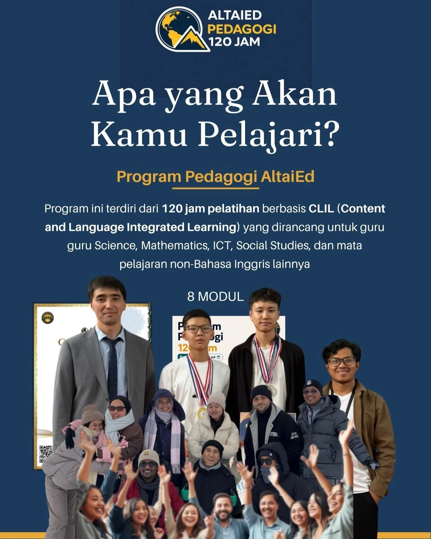 Siap mengajar Science, Math, ICT, atau Social Studies di sekolah internasional? 

Swipe untuk melihat apa saja yang akan kamu pelajari di Program Pedagogi AltaiEd.

120 jam pelatihan. 8 modul. 1 tujuan: mempersiapkan guru Indonesia menjadi pendidik b