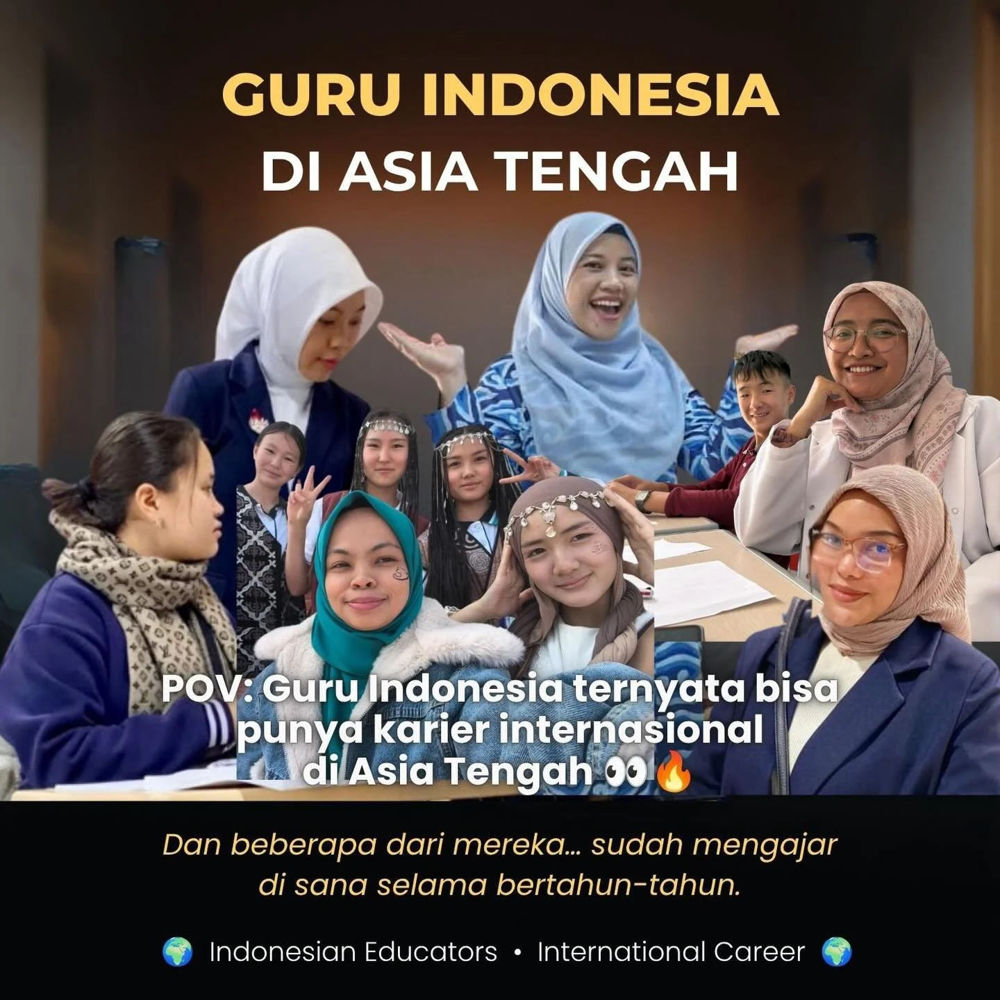 Mereka bukan hanya mengajar... mereka membawa nama Indonesia ke dunia pendidikan internasional.
Dari classroom di Indonesia hingga sekolah internasional di
Kyrgyzstan &amp; Uzbekistan
para guru ini sudah bertahun-tahun beradaptasi, berkembang, dan me