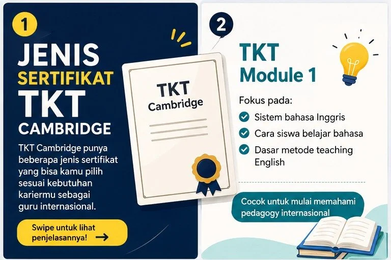 Ternyata TKT Cambridge bukan cuma satu jenis sertifikat 

Mulai dari teaching basics, classroom management, sampai teaching young learners semuanya punya fokus berbeda sesuai kebutuhan guru 

Kalau kamu ingin:
✔ Upgrade skill mengajar
✔ Memahami stan