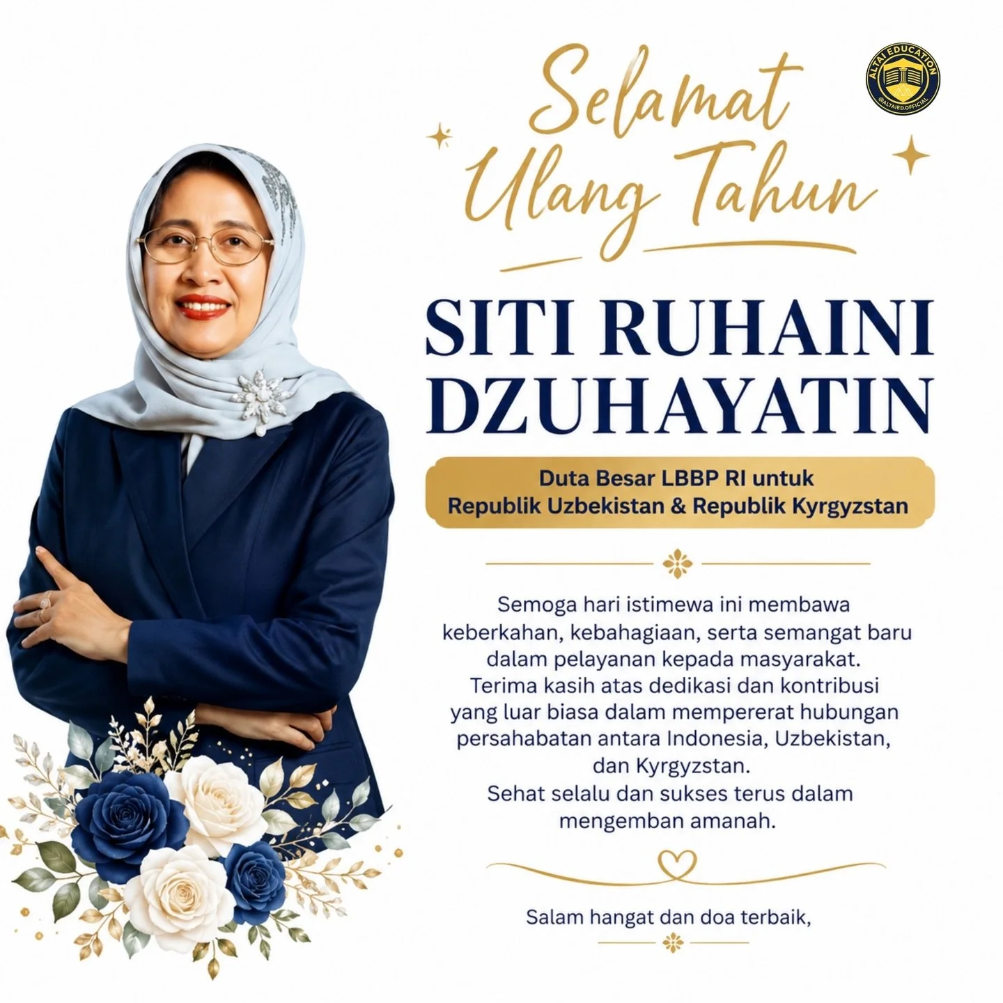 Selamat ulang tahun kepada Ibu Siti Ruhaini Dzuhayatin, Duta Besar LBBP RI untuk Republik Uzbekistan &amp; Republik Kyrgyzstan 🇮🇩
Semoga senantiasa diberikan kesehatan, kebahagiaan, dan kekuatan dalam menjalankan amanah serta terus menginspirasi me