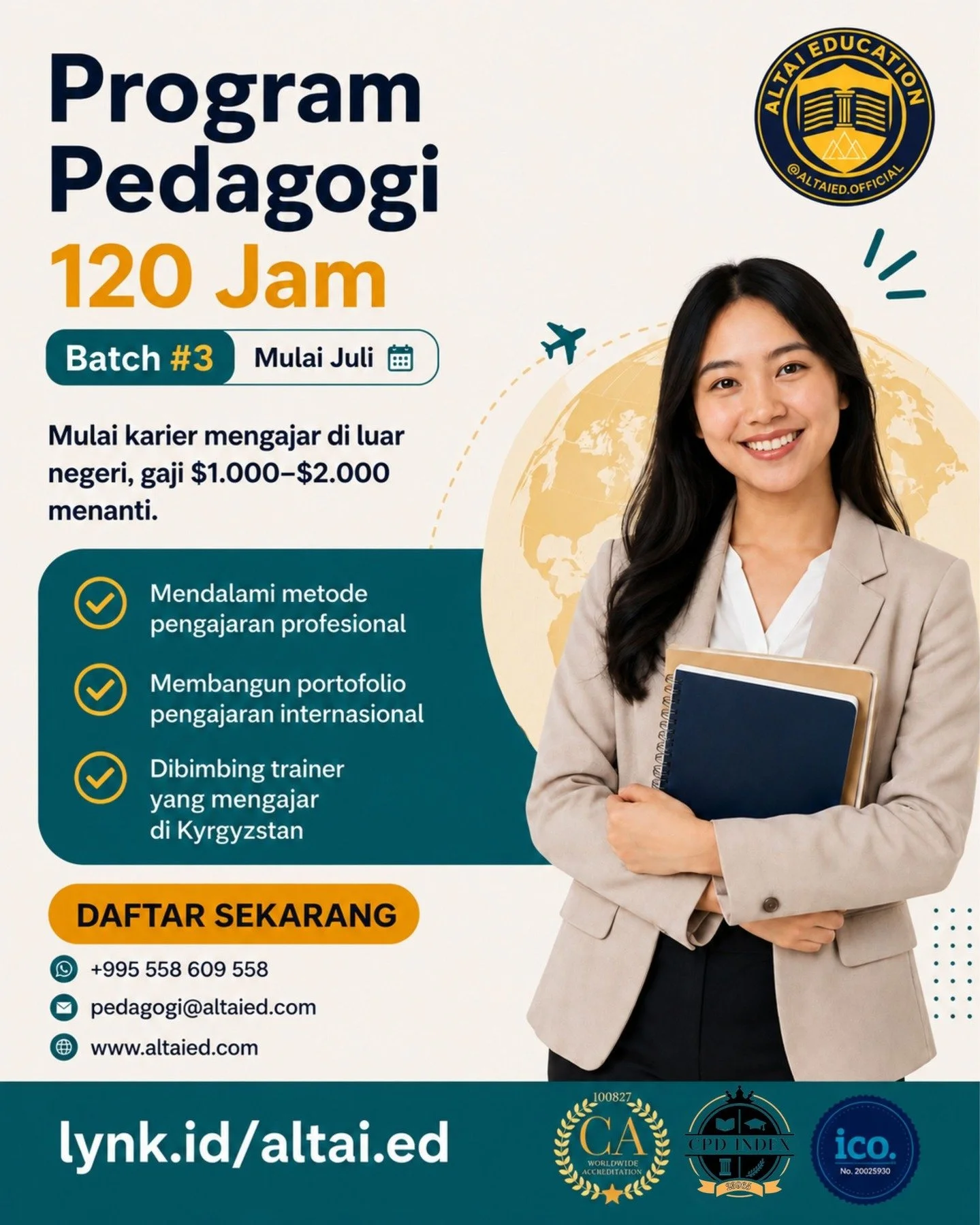 Program Pedagogi 120 Jam Batch #3 AltaiEd hadir untuk bantu guru Indonesia lebih siap masuk ke sekolah internasional. Mulai dari upgrade metode mengajar, bangun portofolio, sampai dibimbing langsung oleh trainer yang mengajar di Kyrgyzstan.

📅 Mulai