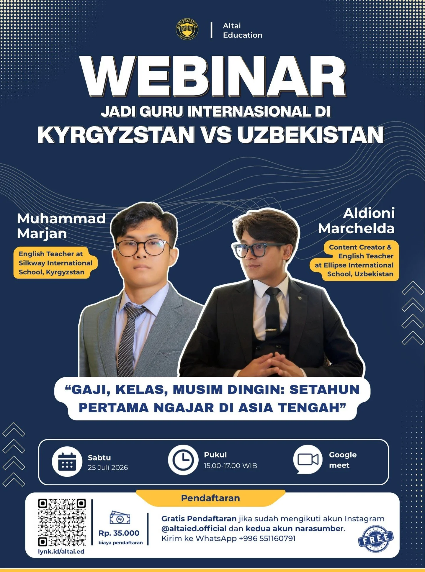 Kyrgyzstan atau Uzbekistan? Mana yang cocok untuk karier mengajarmu?

Yuk, dengarkan pengalaman langsung dua guru Indonesia yang kini mengajar di sekolah internasional di Asia Tengah!

📅 Sabtu, 25 Juli 2026
🕒 15.00 WIB
💻 Online via Zoom

Pendaftar