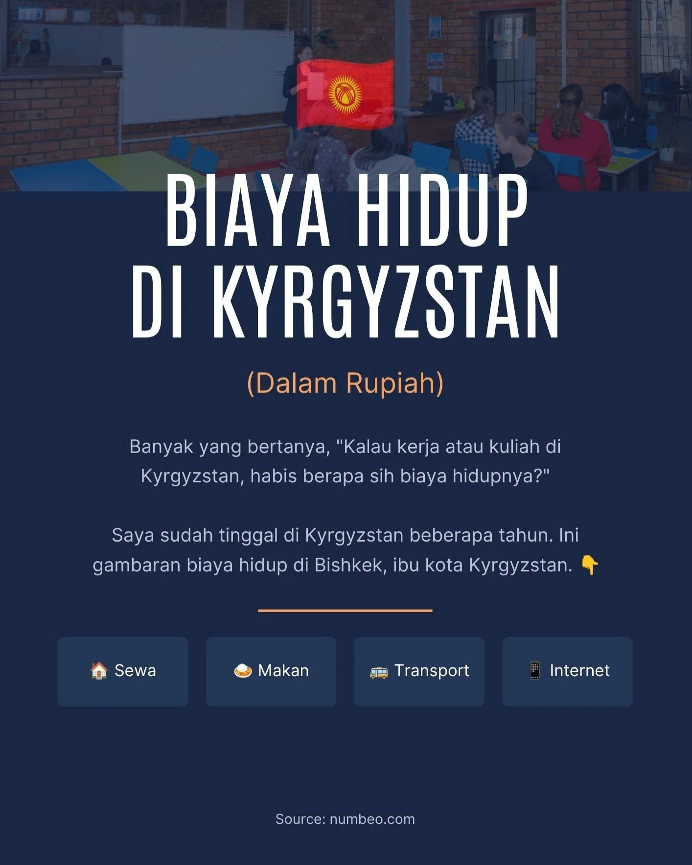 🇰🇬 Berapa biaya hidup di Kyrgyzstan?

Ternyata lebih terjangkau dari yang banyak orang kira. Dengan sekitar Rp4&ndash;7 juta per bulan, kamu sudah bisa hidup nyaman di Bishkek, tergantung gaya hidup dan tempat tinggal.

Swipe untuk melihat rincian 