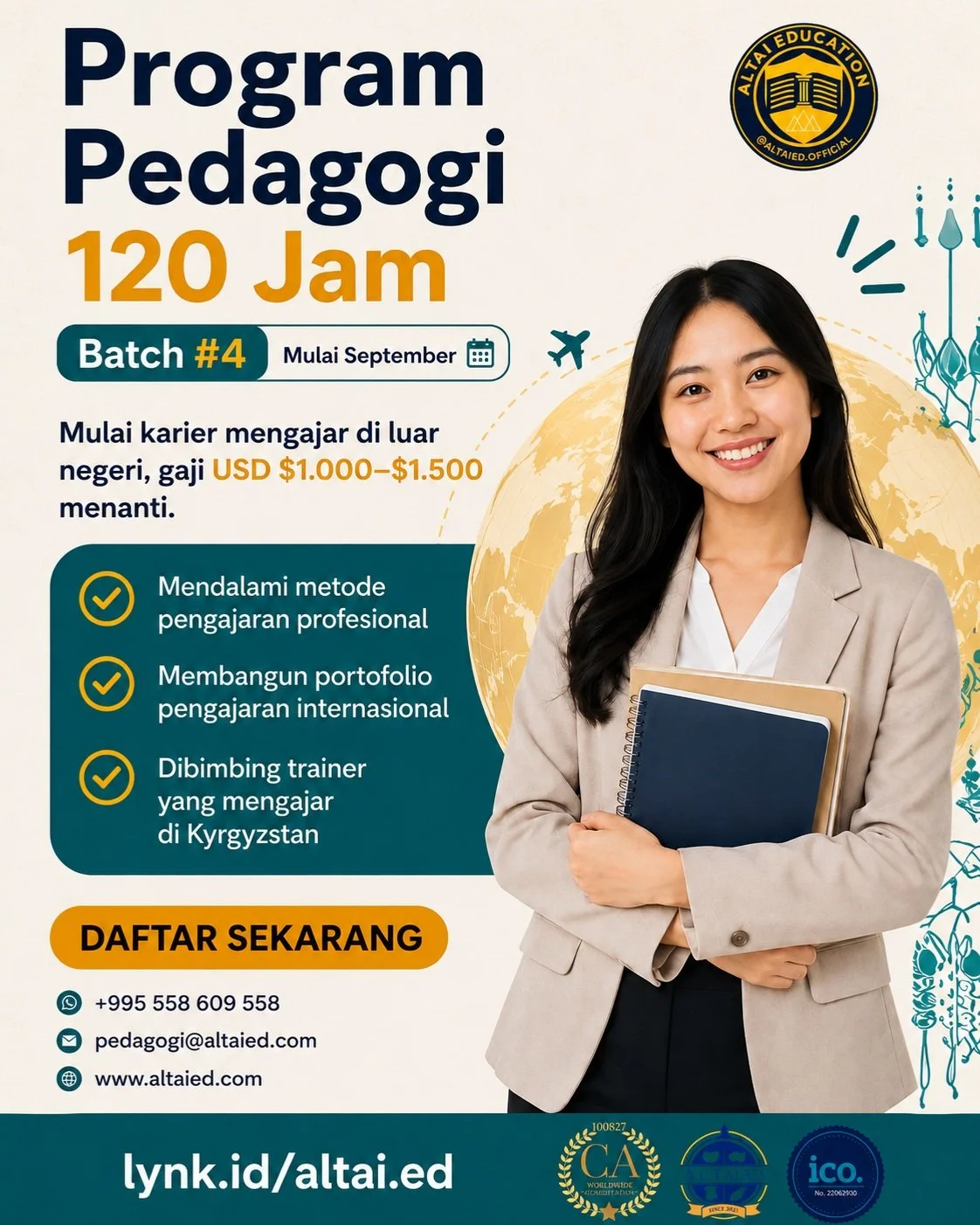 Tingkatkan kompetensimu melalui Program Pedagogy 120 Jam Batch #4, khusus untuk guru selain Bahasa Inggris.

✅ Metode pembelajaran internasional
✅ Dibimbing trainer berpengalaman di Kyrgyzstan
✅ Portofolio mengajar lebih kompetitif

📅 Mulai Septembe
