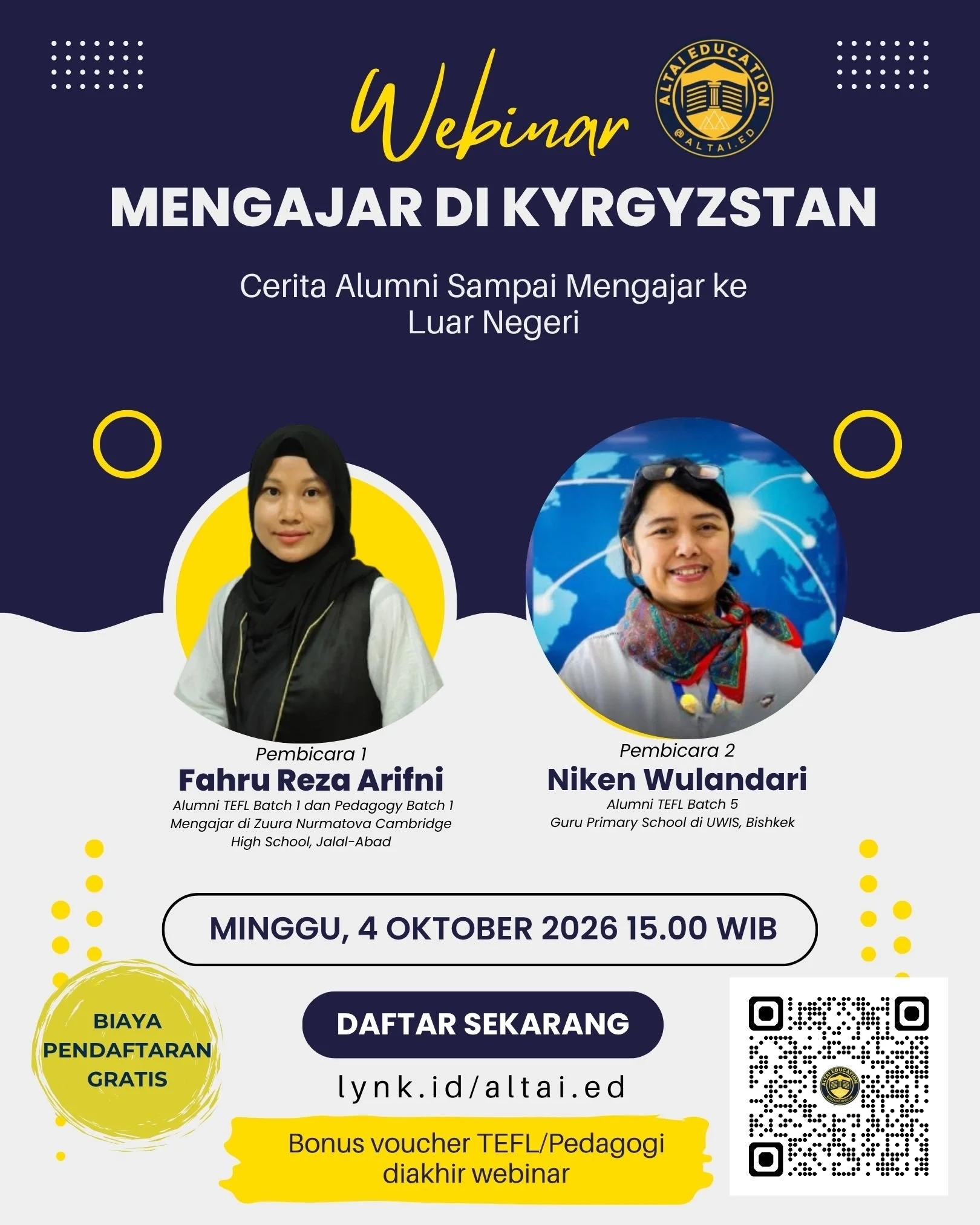 Mimpi mengajar di luar negeri?
Kyrgyzstan bisa jadi langkah pertamamu!

Dengarkan cerita langsung para alumni yang kini mengajar di sekolah internasional Kyrgyzstan. Dapatkan insight tentang pengalaman mengajar, peluang nyata, dan persiapan yang perl