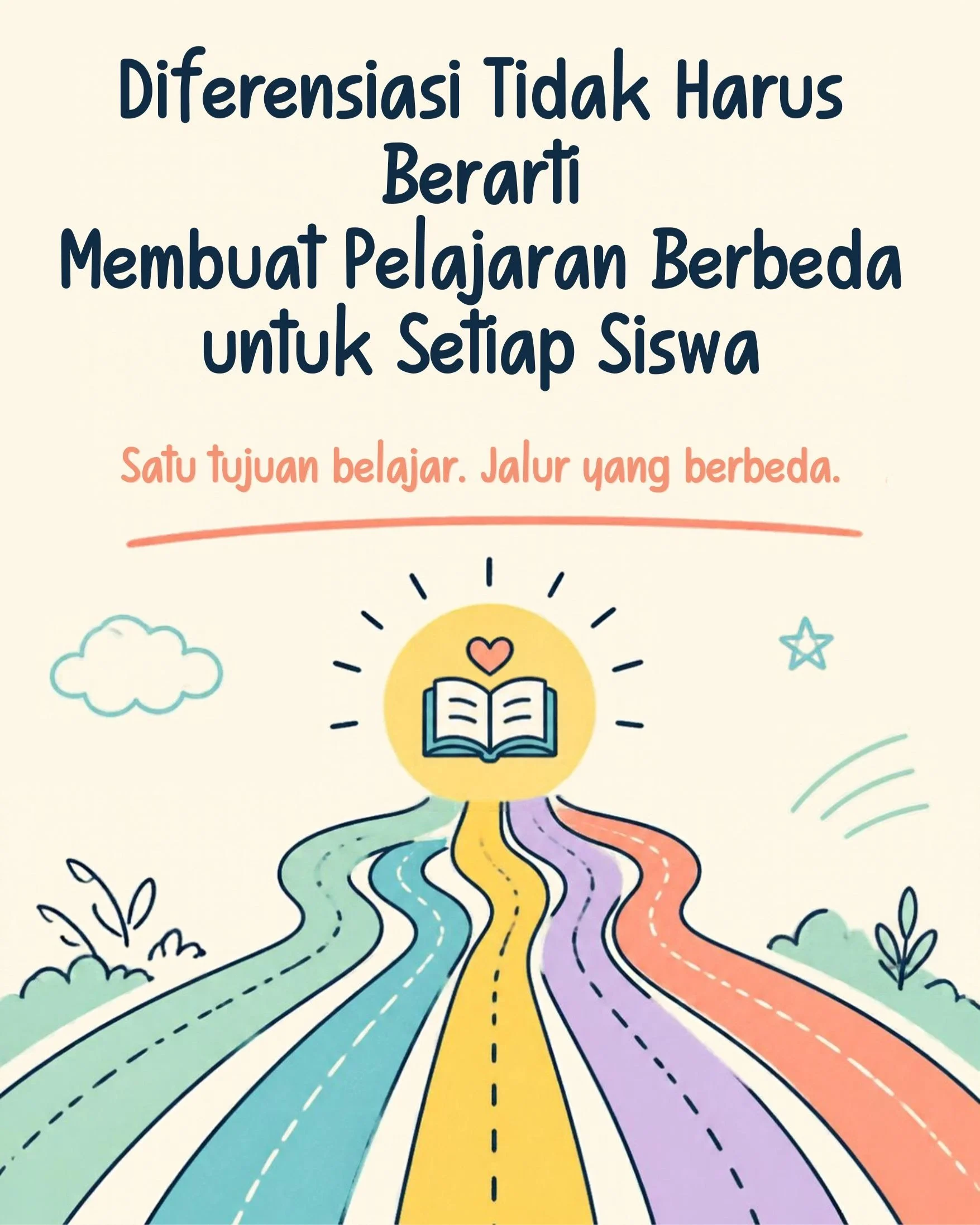 Diferensiasi bukan berarti membuat pelajaran berbeda untuk setiap siswa.

Tujuan belajar sama, jalur belajar berbeda.

Guru dapat menyesuaikan materi, dukungan, pilihan aktivitas, dan tingkat kedalaman sesuai kesiapan serta kebutuhan siswa.

Dalam pe