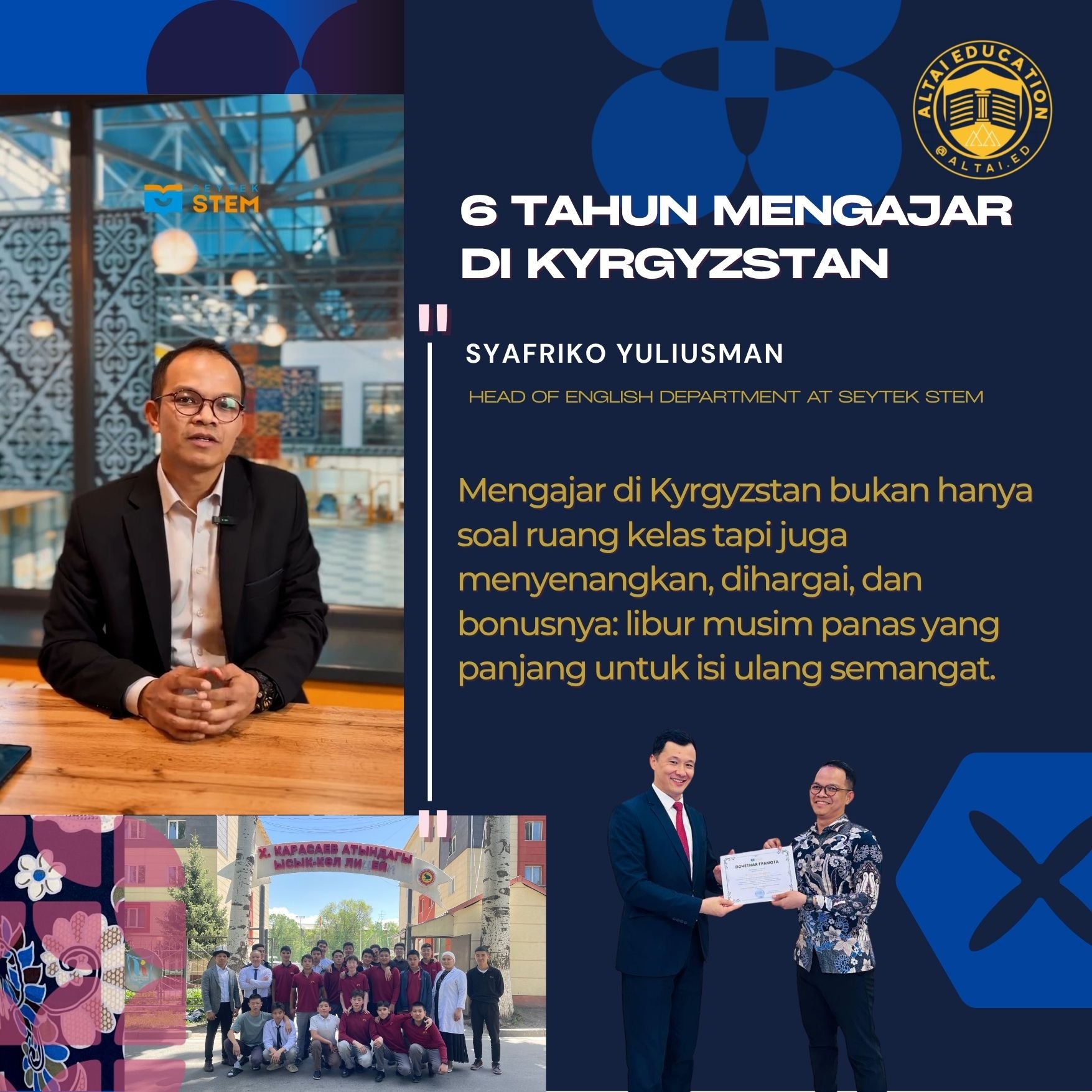 A collage of four images featuring educational events and a person receiving an award. The first image shows a man in a suit with glasses sitting at a wooden table indoors, with decorative and architectural elements in the background. The second imag