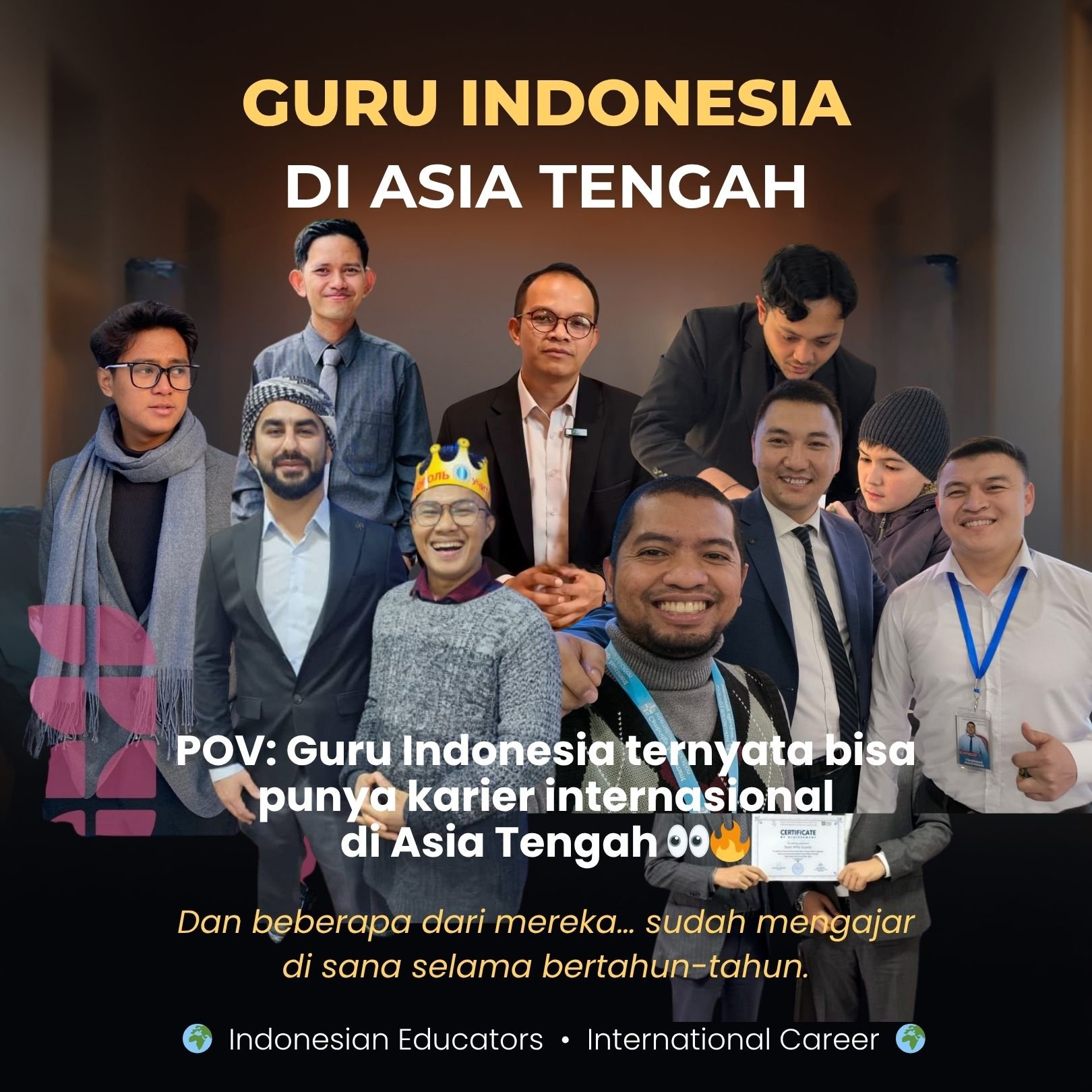 Group of nine people, some wearing suits, smiling and posing for a photo in a professional setting, with a dark background and text overlay in Indonesian.
