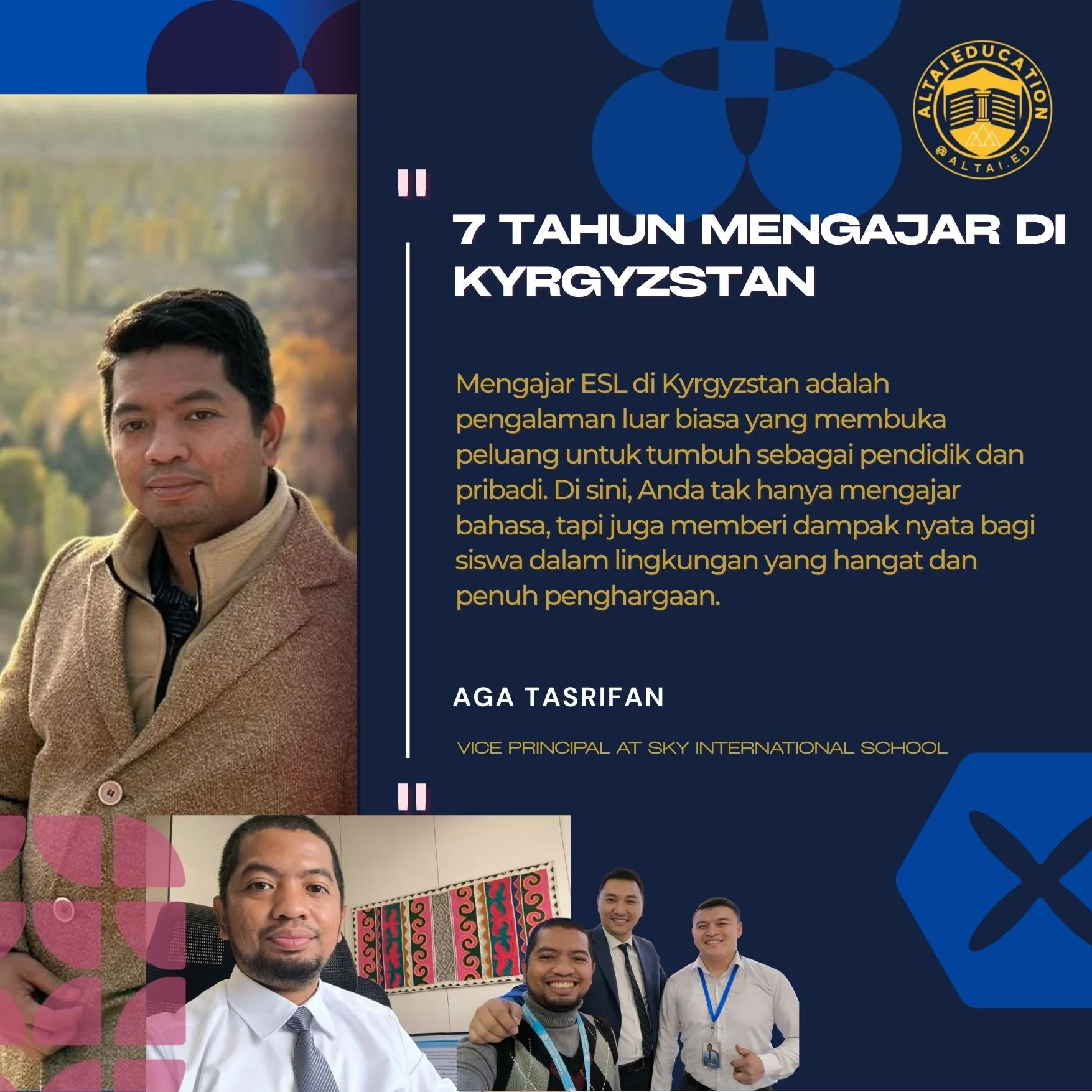 Poster celebrating 7 years of teaching ESL in Kyrgyzstan by Aga Tasrifan, Vice Principal at Sky International School. Contains a group photo of smiling staff members in a classroom, with decorative artwork in the background.