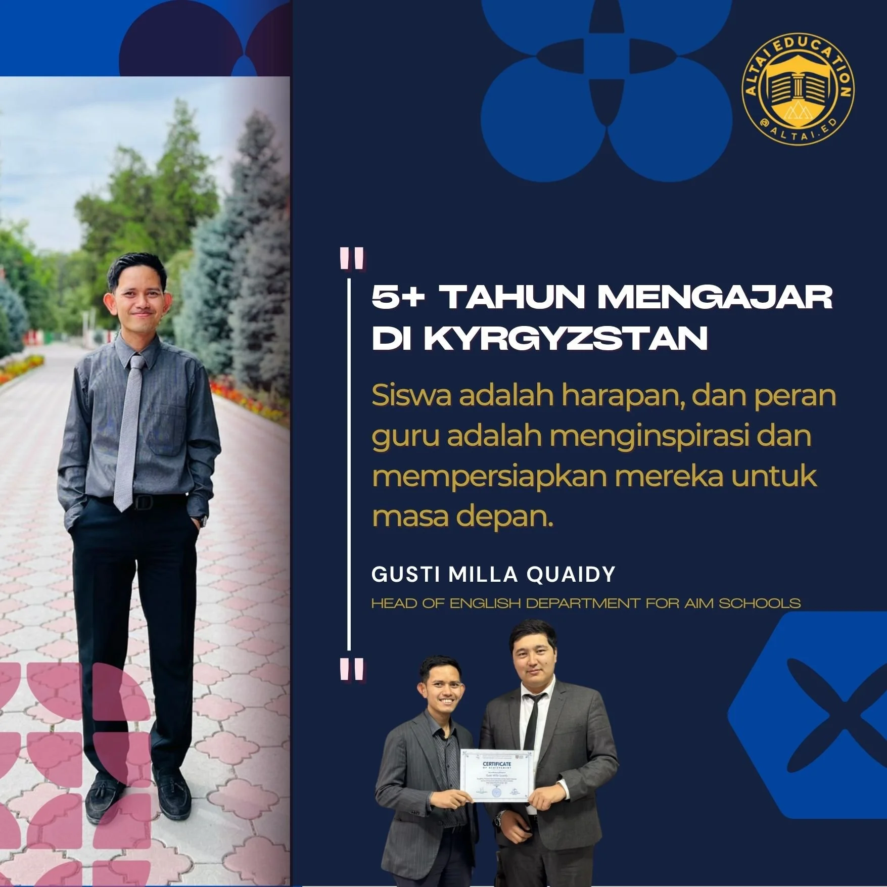 A young man in a gray shirt and tie standing outdoors on a paved path lined with trees, smiling at the camera. To the right, part of a brochure or poster with text in Indonesian and photos of other individuals.