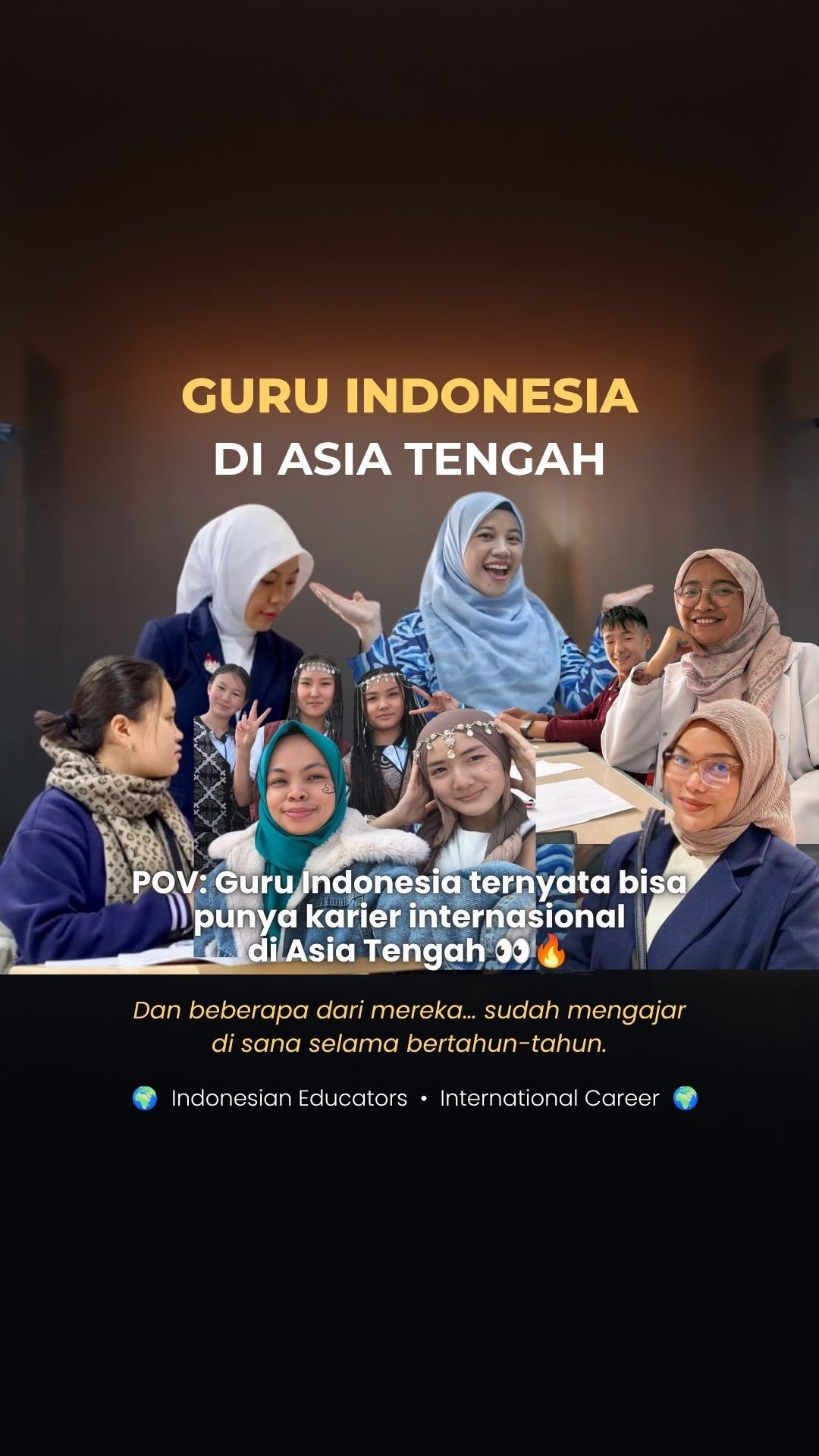 A group of Indonesian teachers, including women wearing hijabs, seated and standing in a classroom or conference setting, smiling and engaging with some peace signs and gestures. The text highlights Indonesian teachers' potential for international ca