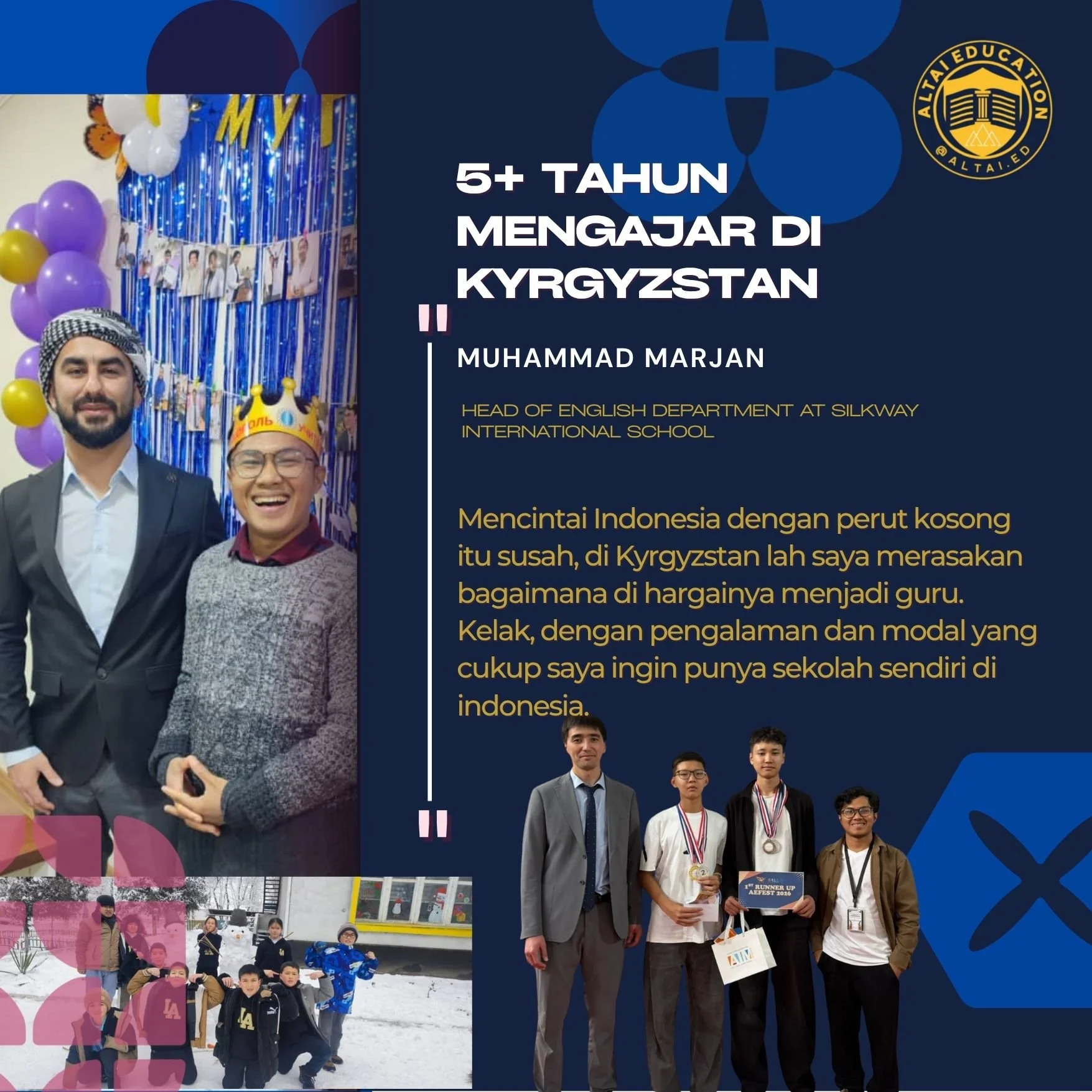 Group of students and a teacher at a school event, with decorations including balloons, banners, and photos. The scene includes people in medals, formal attire, and casual clothing, with some wearing winter clothing and snowmen in the background.
