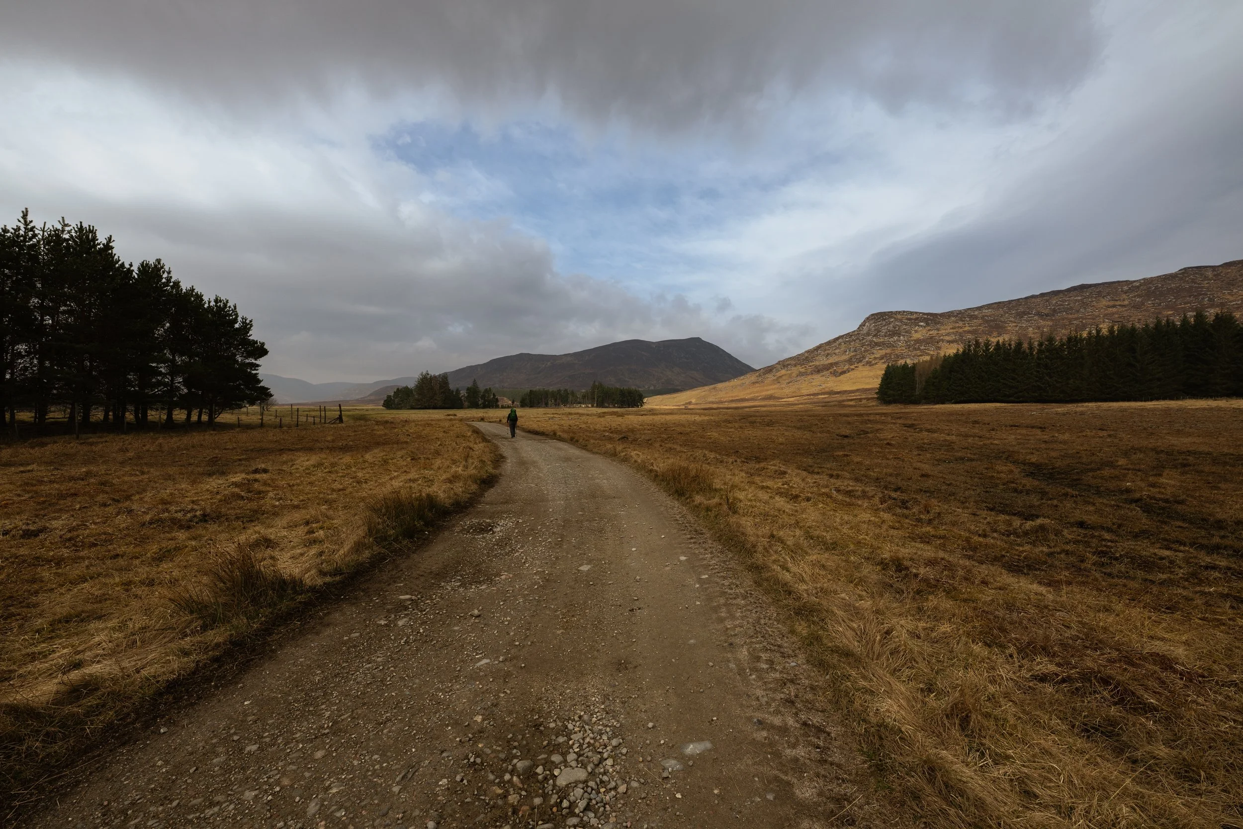A solitary person walking down a dirt country road through open fields with distant mountains and a partly cloudy sky above.