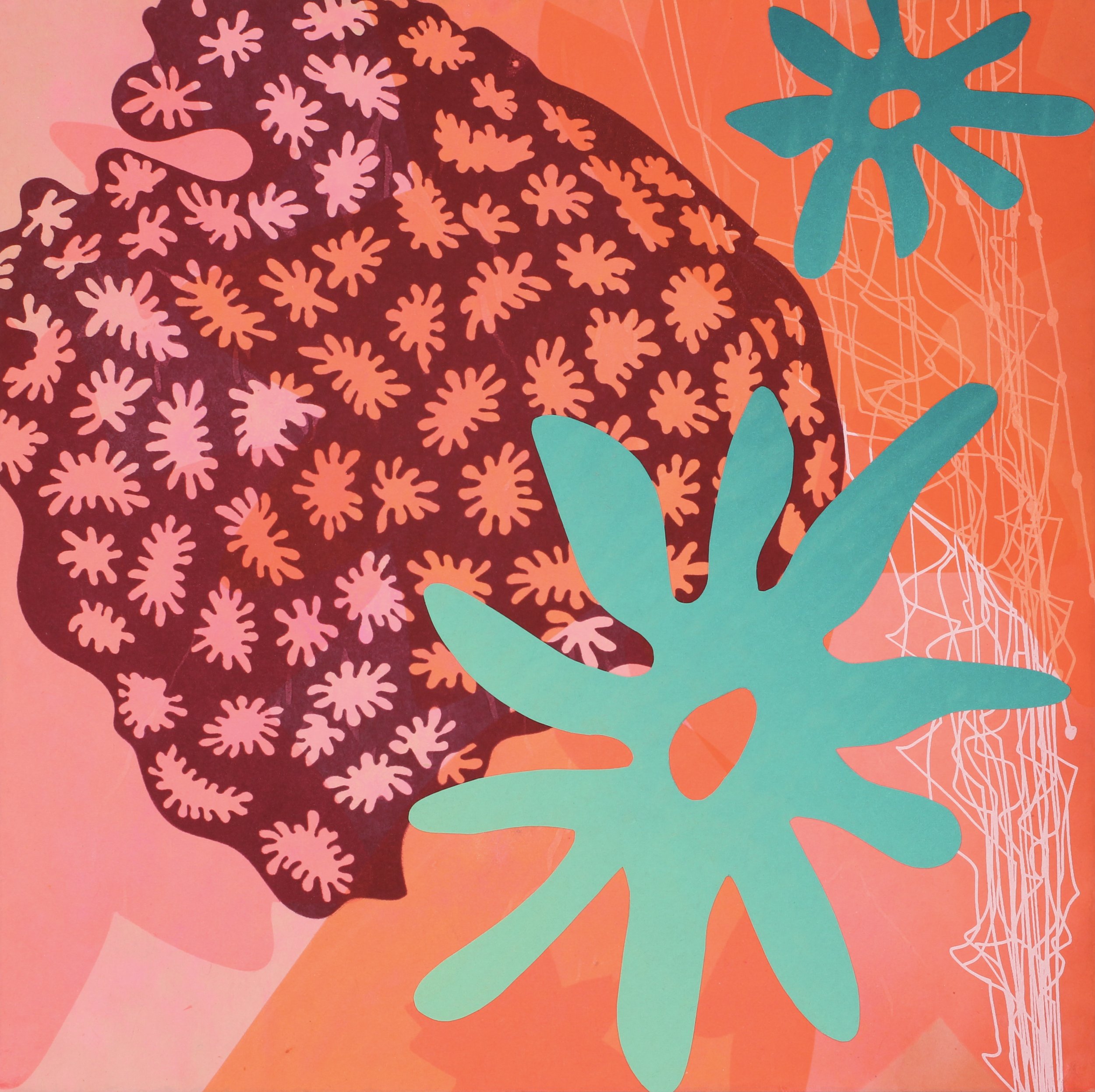 Botryllus schlosseri, drawing ink, screenprint and collage, 10” x 10”