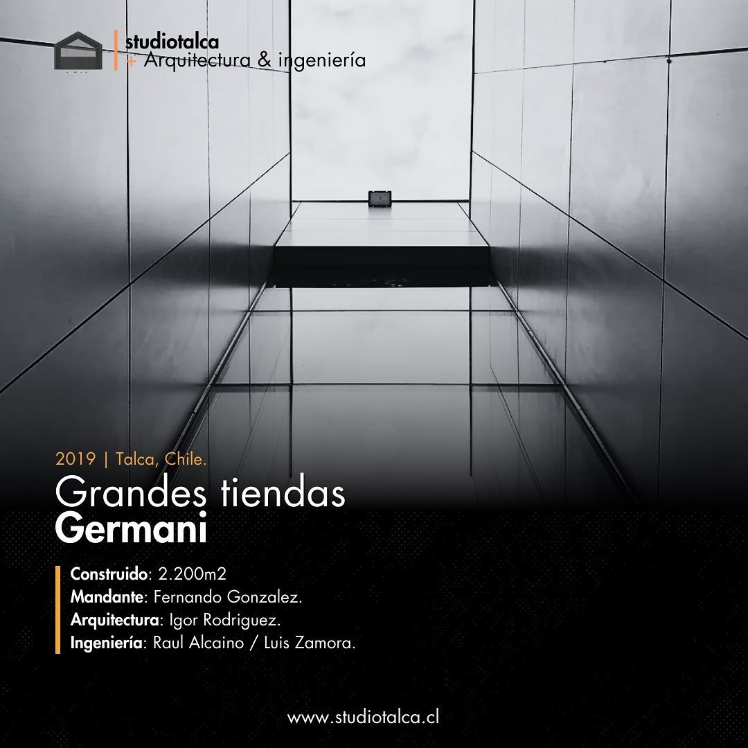 Proyecto de studiotalca en 2019 en Talca, Chile. Grandes Tiendas Germani, con sus 2,200m2 construidos dando vida a la visi&oacute;n de nuestro mandante, Fernando Gonzalez y Mauricio Gonzalez 

studiotalca estuvo a cargo del dise&ntilde;o de arquitect