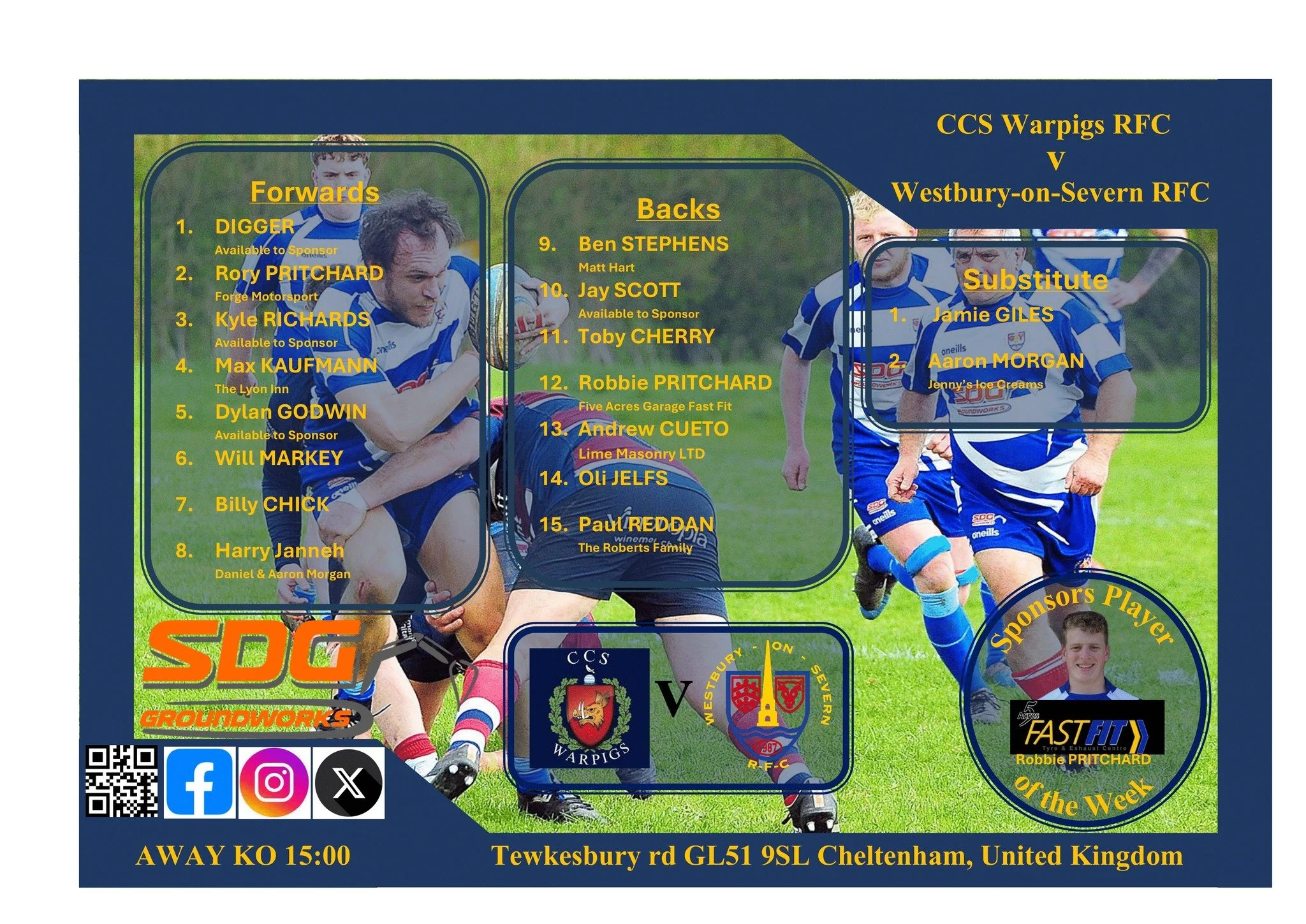 A rugby match graphic with team lineups, sponsor logos, match details, and photo of a rugby player in action.