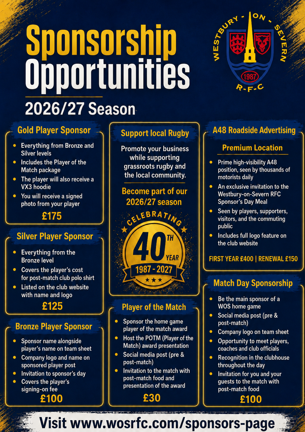 A promotional poster for Westbury-on-Severn RFC sponsorship opportunities for the 2026/27 season. It features sponsorship levels, benefits, and cost details, with a crest and 40th-anniversary emblem.