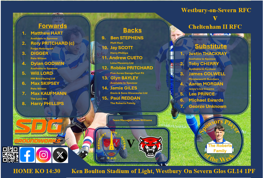 Matchday lineup graphic for a rugby match between Westbury-on-Severn RFC and Cheltenham II RFC. It lists team players for forwards, backs, substitute players, with sponsor logos, match details, and team manager information.
