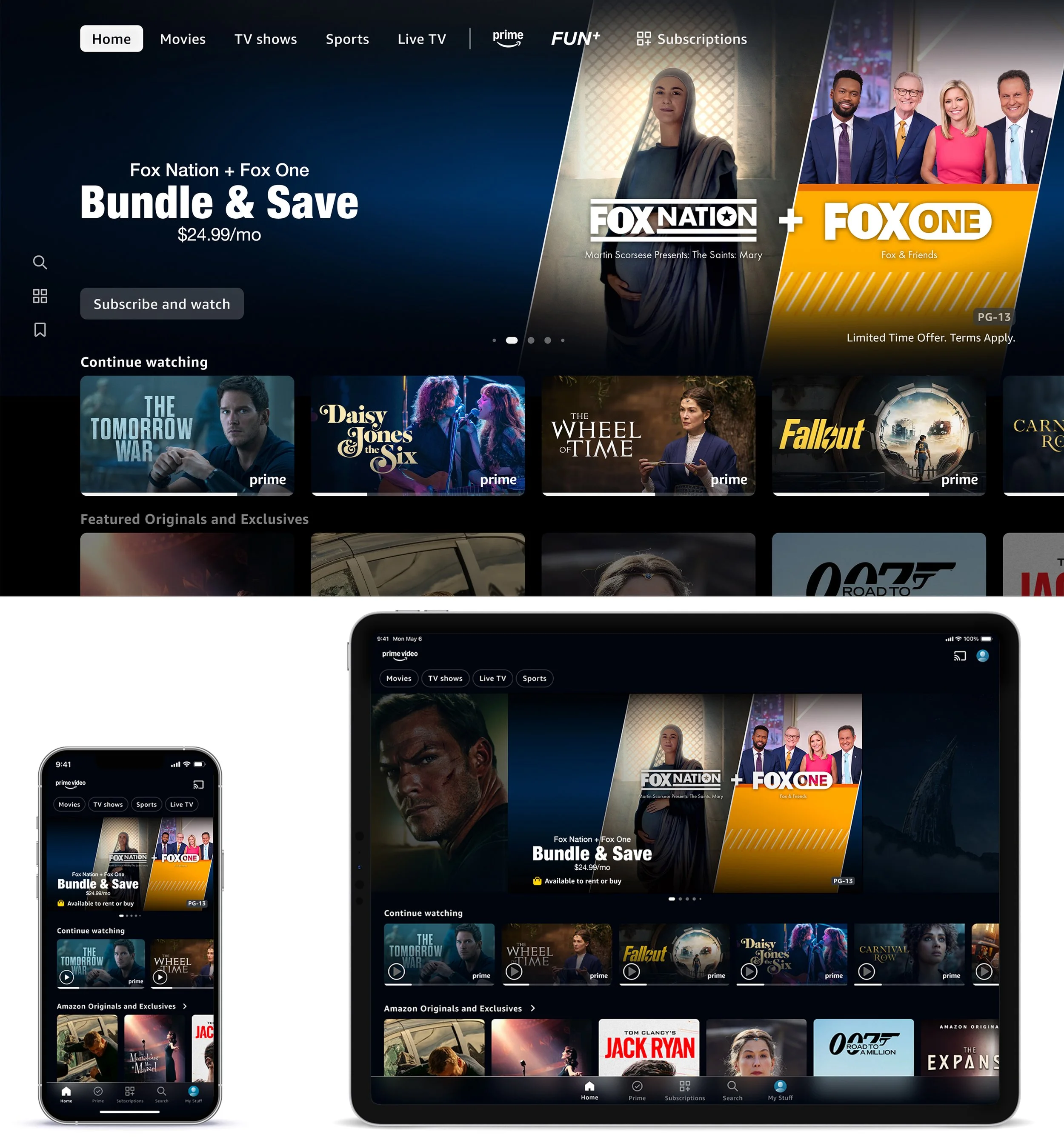 Fox Nation + Fox One branding for Amazon Prime.