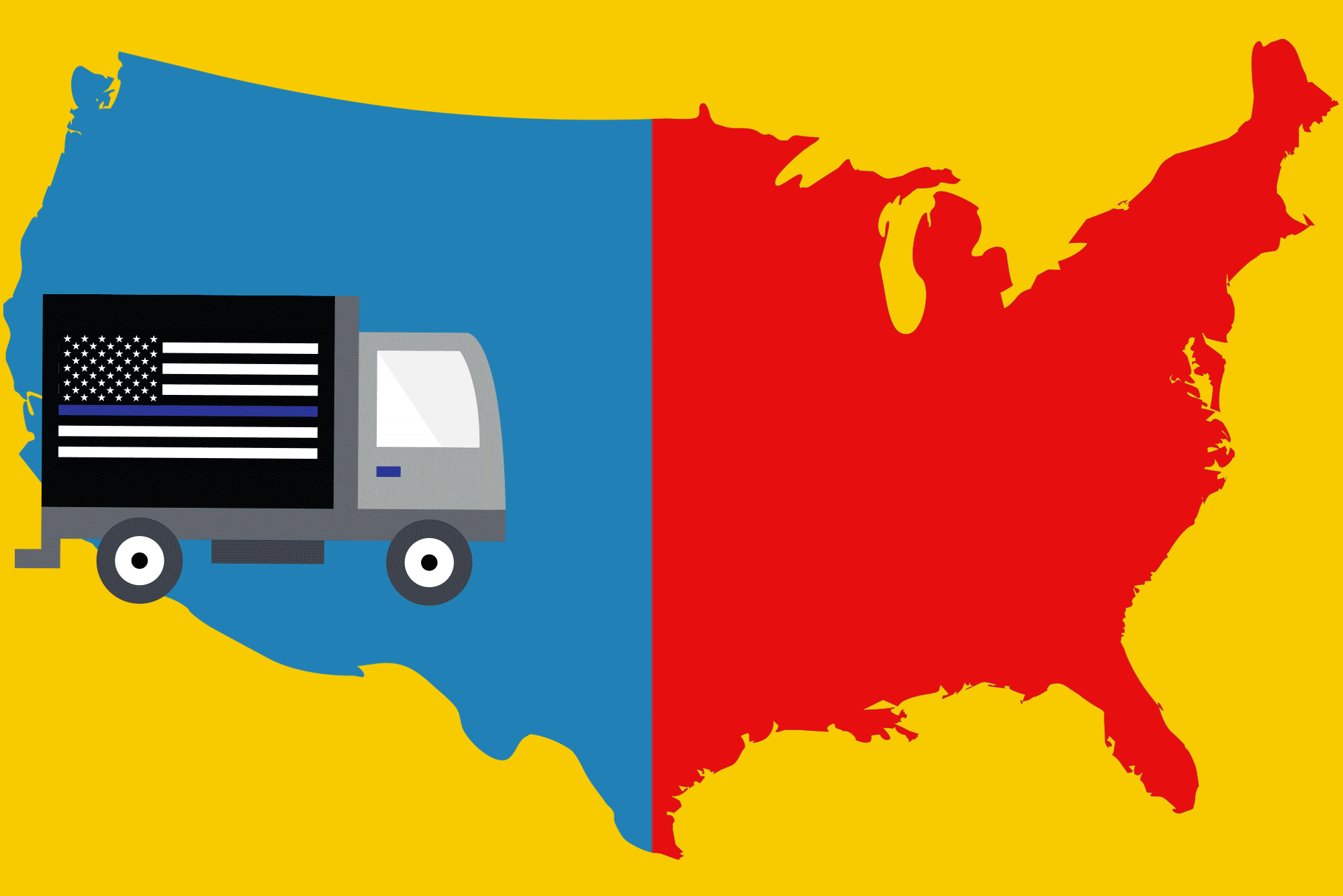 Visual for story about a country divided and moving from blue to red states.