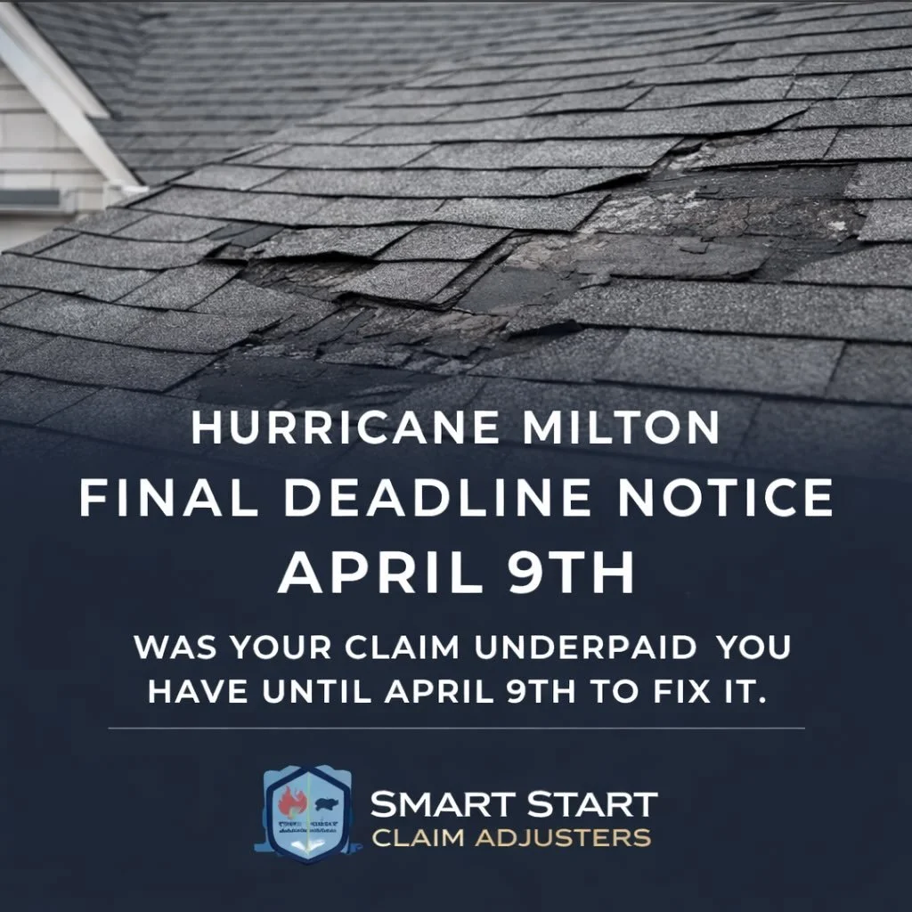 🚨 Deadline Alert for Hurricane Milton Claims 🚨

If your insurance claim from Hurricane Milton was underpaid, delayed, or denied, you may still have time to correct it &mdash; but the final deadline is April 9th.

Many homeowners don&rsquo;t realize